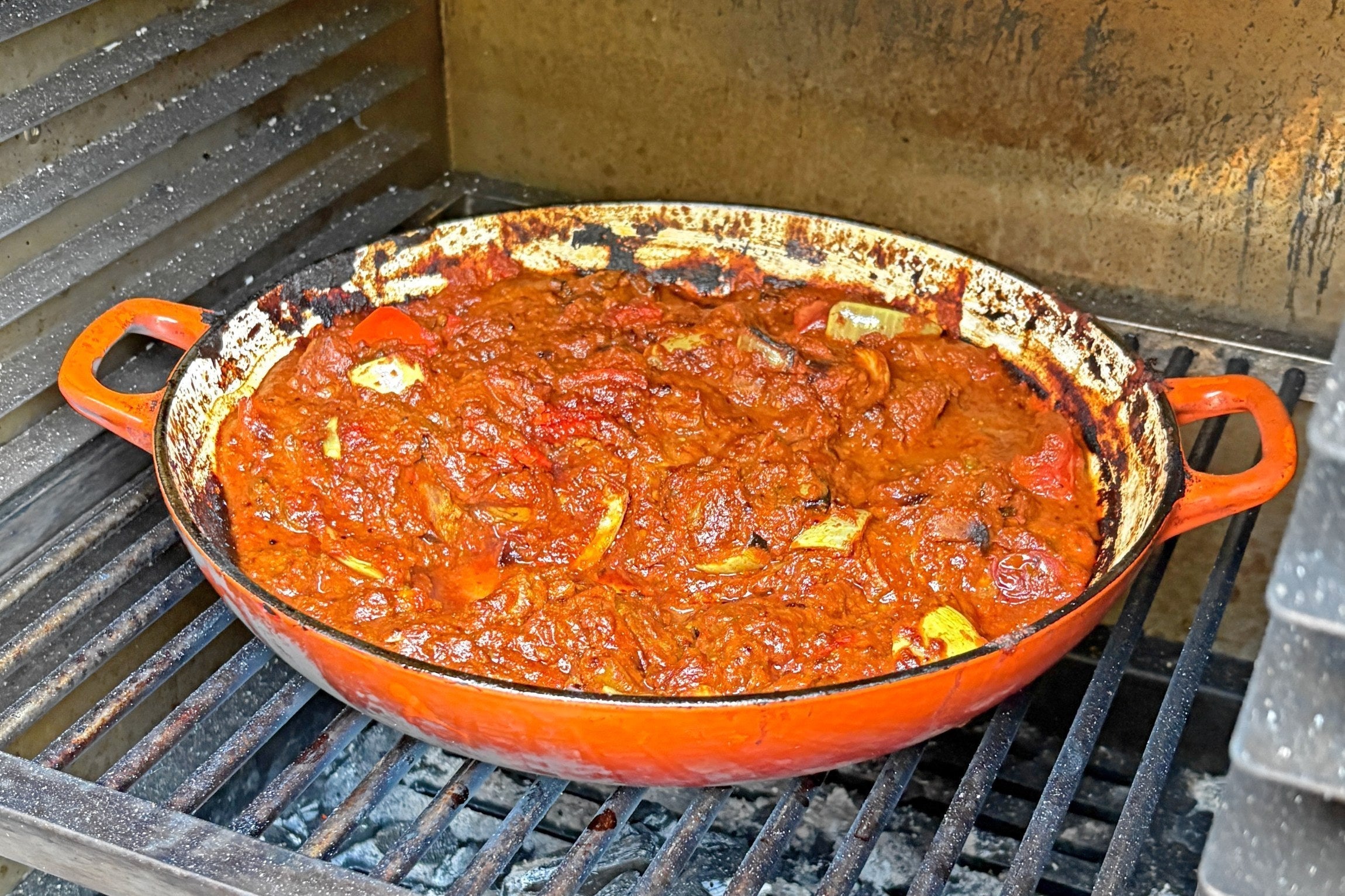 low and slow lamb curry sitting inside the charlie oven.  cook for 6 hours.
