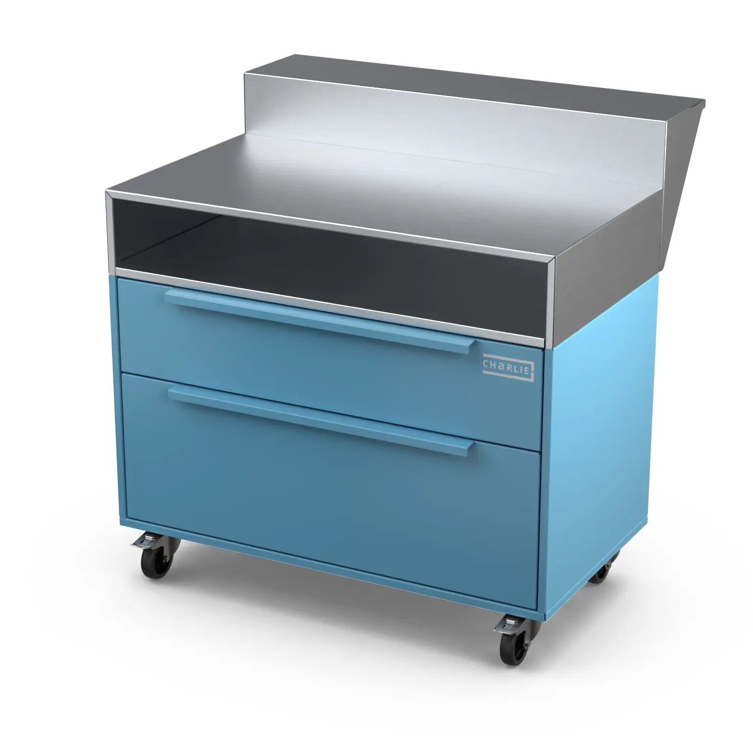Two Drawer Base Cabinet and bar stand in blue marlin blue, shown at an angle