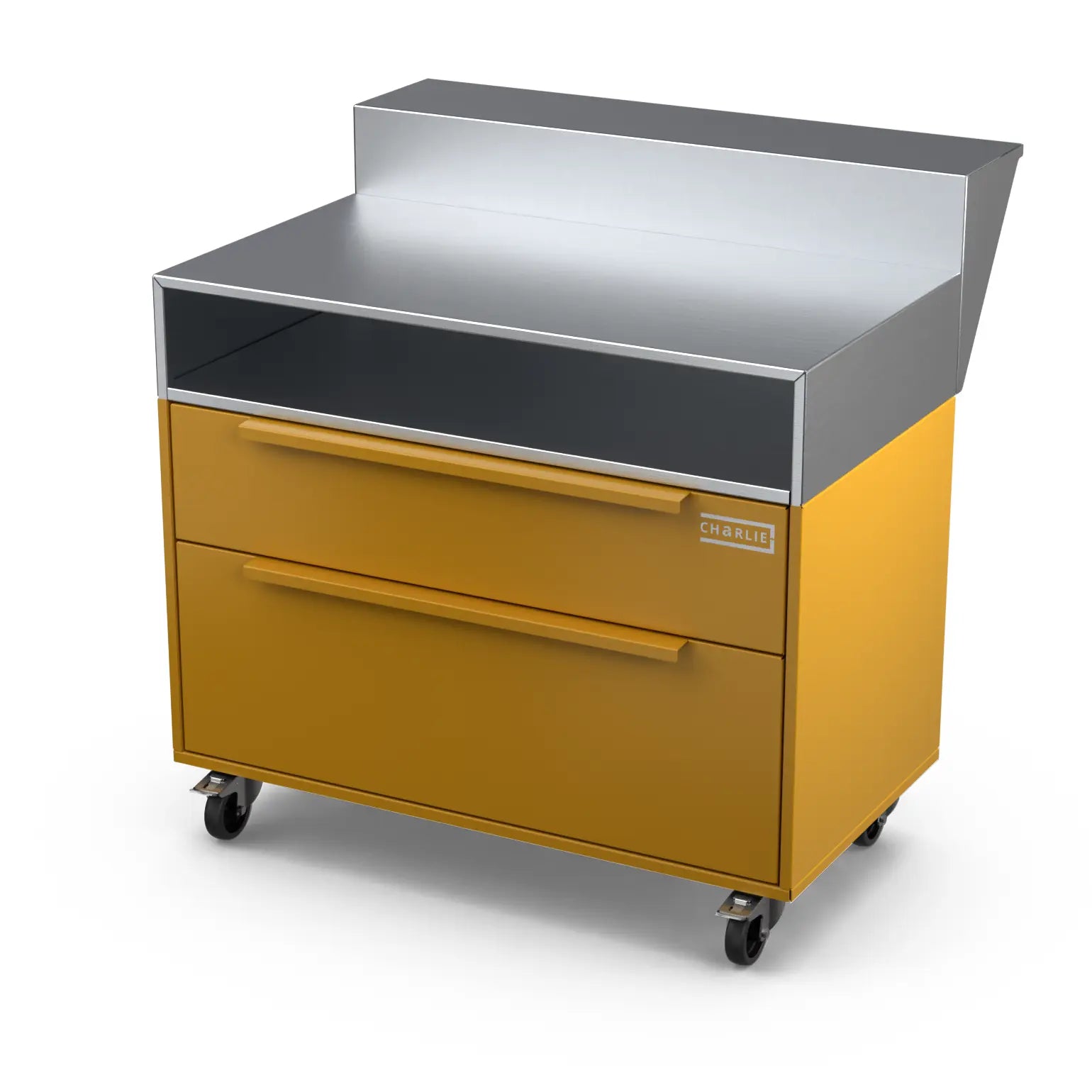 Angled shot of the Two Drawer Base Cabinet with bar stand in honeycomb yellow