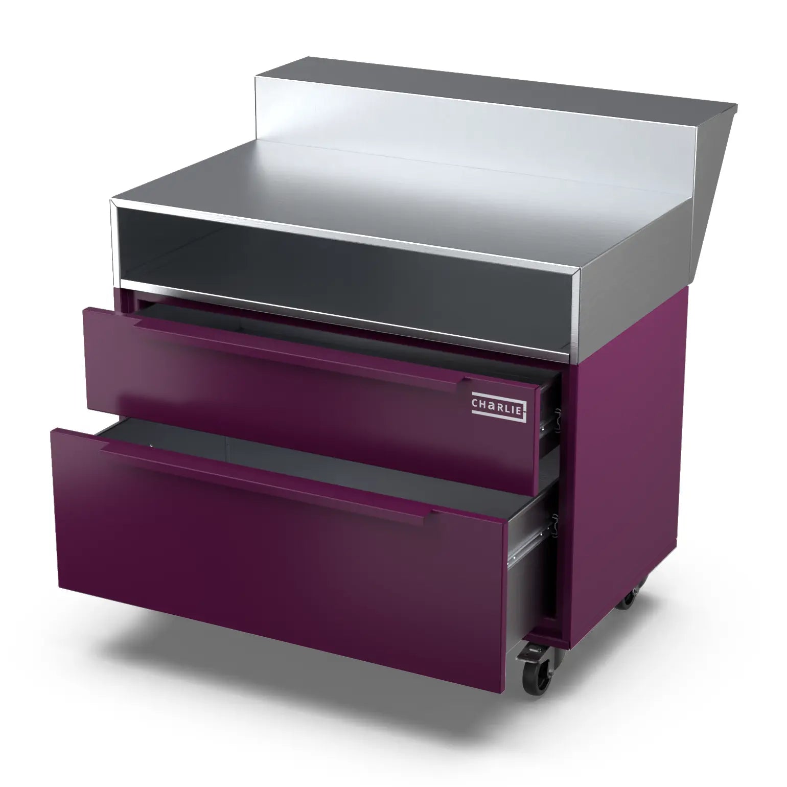 Open drawer detail of the Two Drawer Base Cabinet with bar stand in beetroot red
