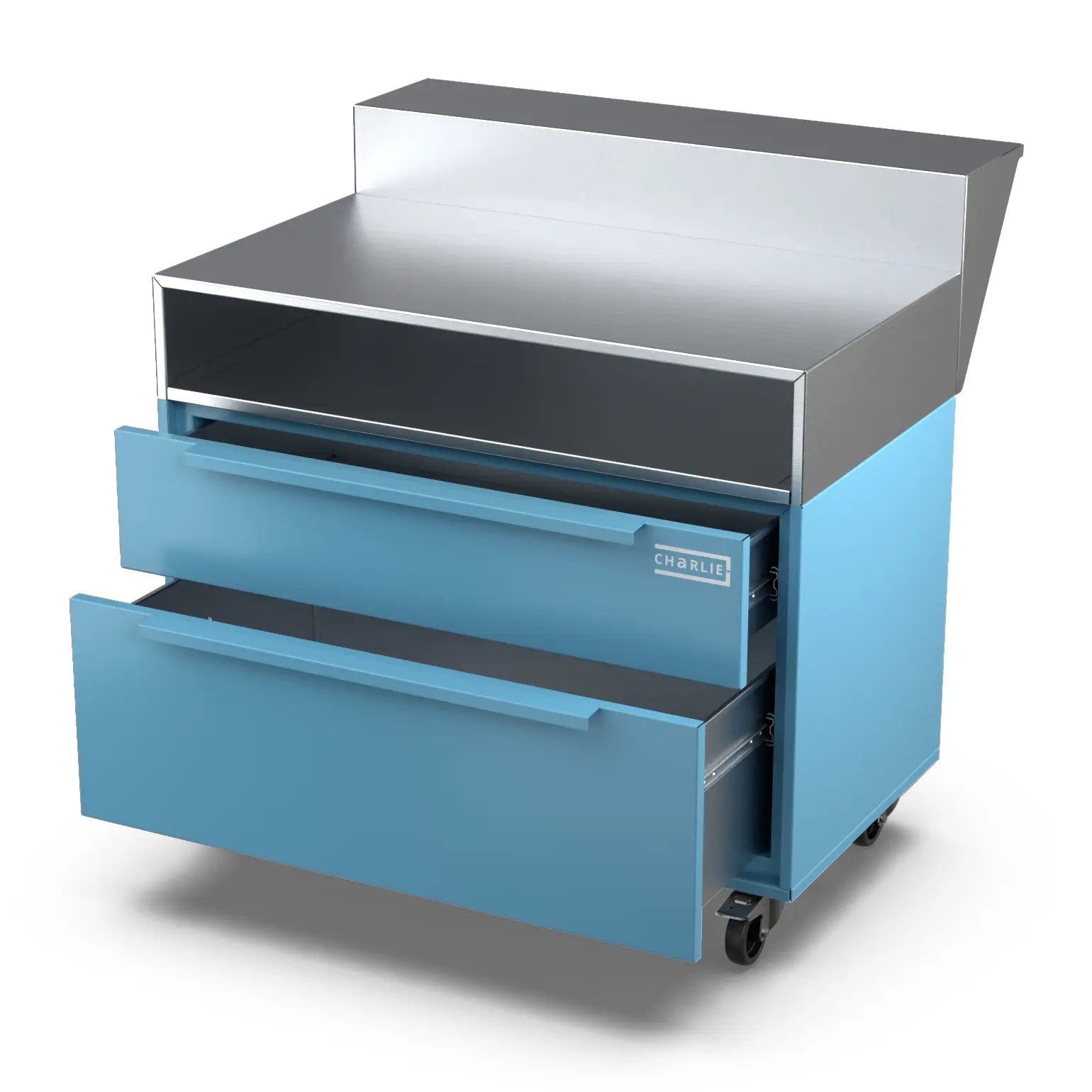 Two Drawer Base Cabinet and bar stand in blue marlin blue with a drawer open