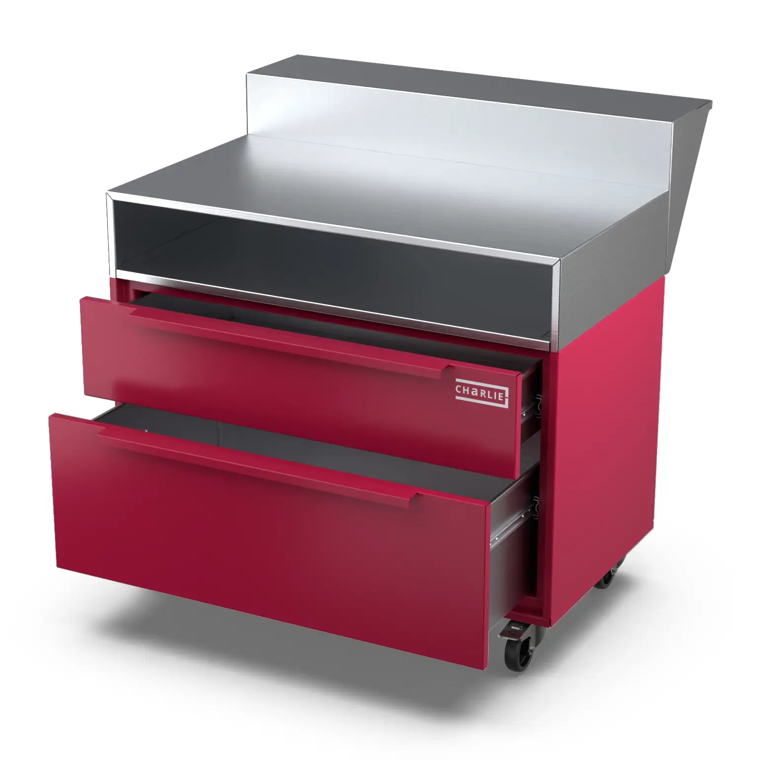 Two Drawer Base Cabinet with bar stand in rhubarb pink, drawer pulled open