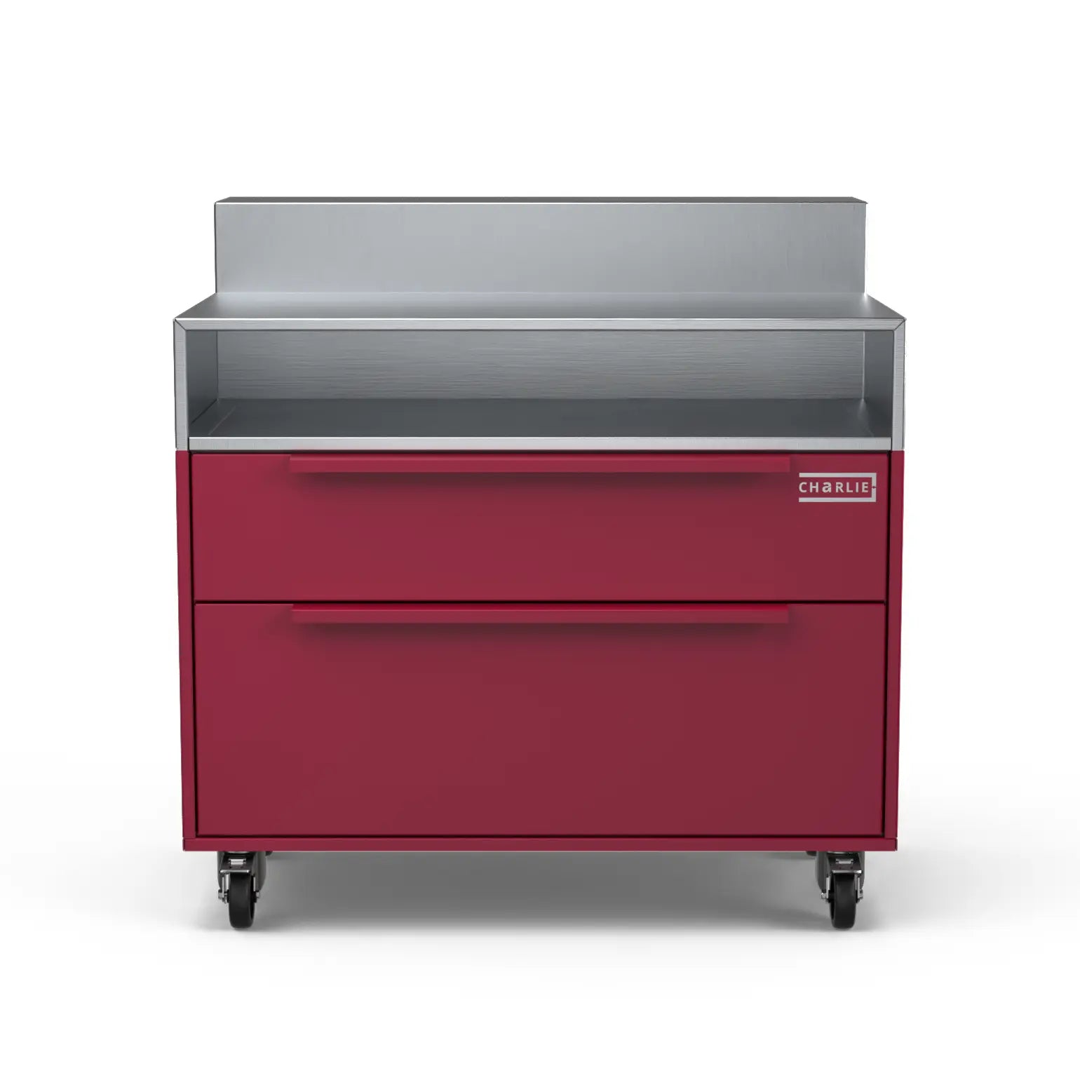 Two Drawer Base Cabinet with bar stand in rhubarb pink, front view