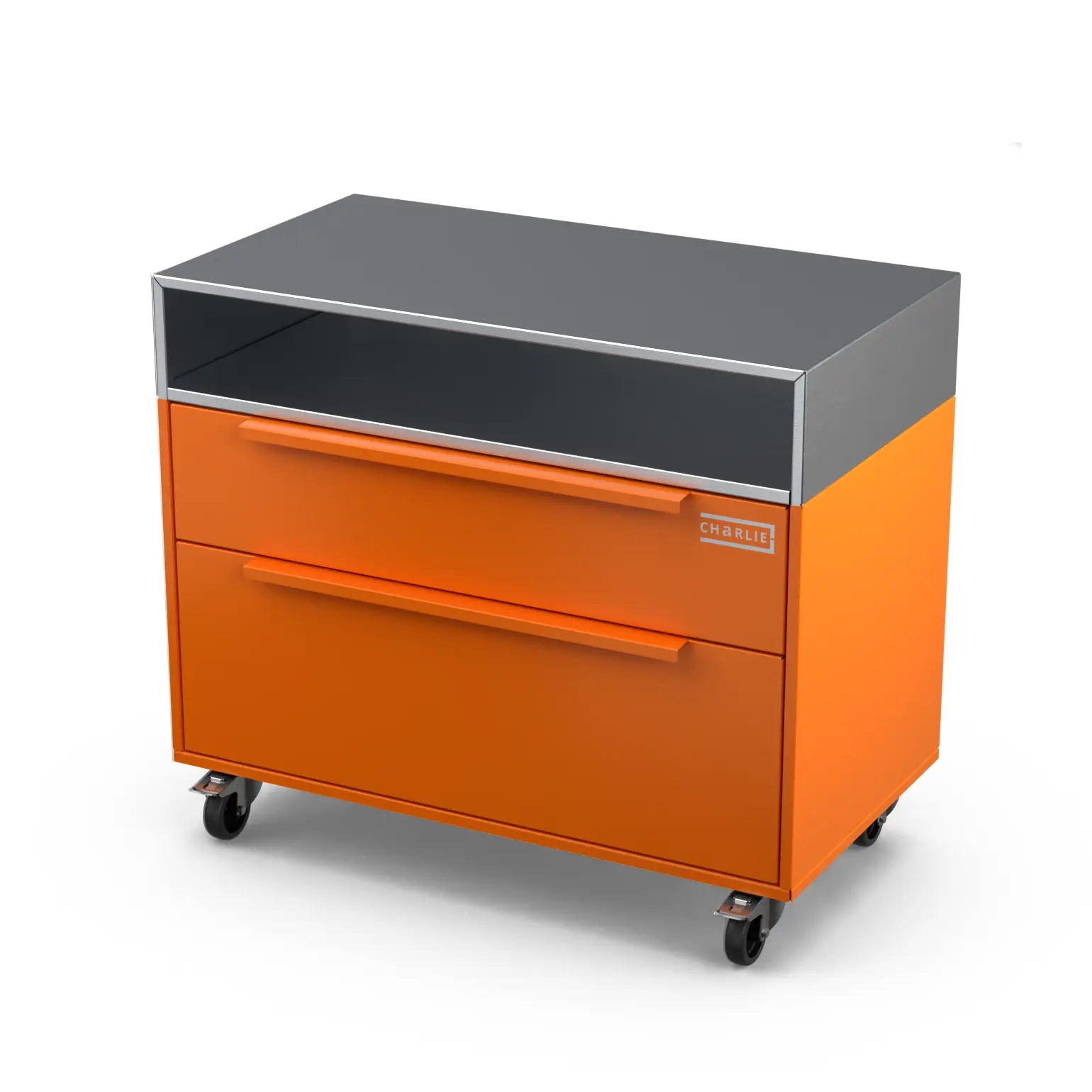 Two Drawer Base Cabinet in saffron yellow, angled three quarter view