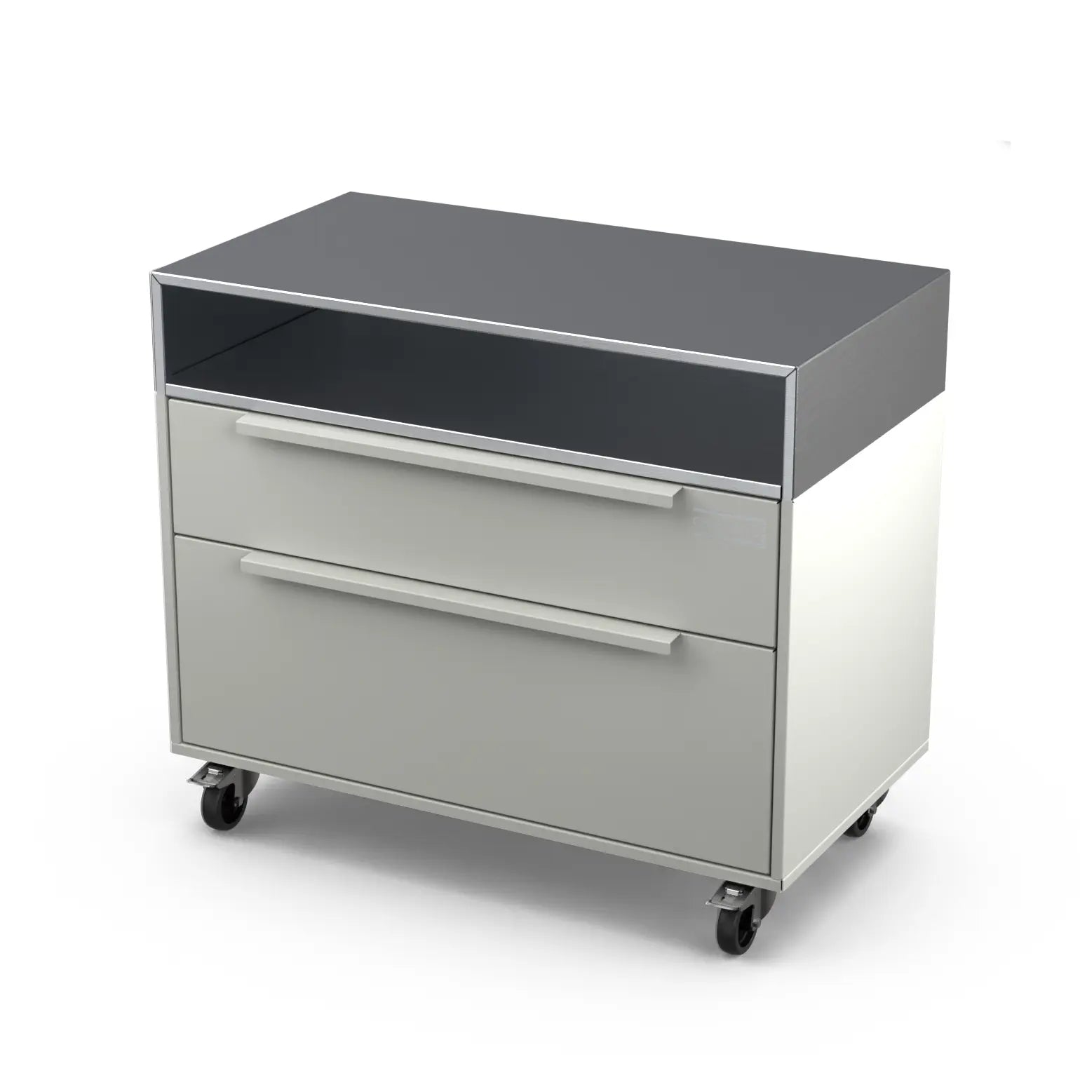 Angled view of the Two Drawer Base Cabinet in truffle grey