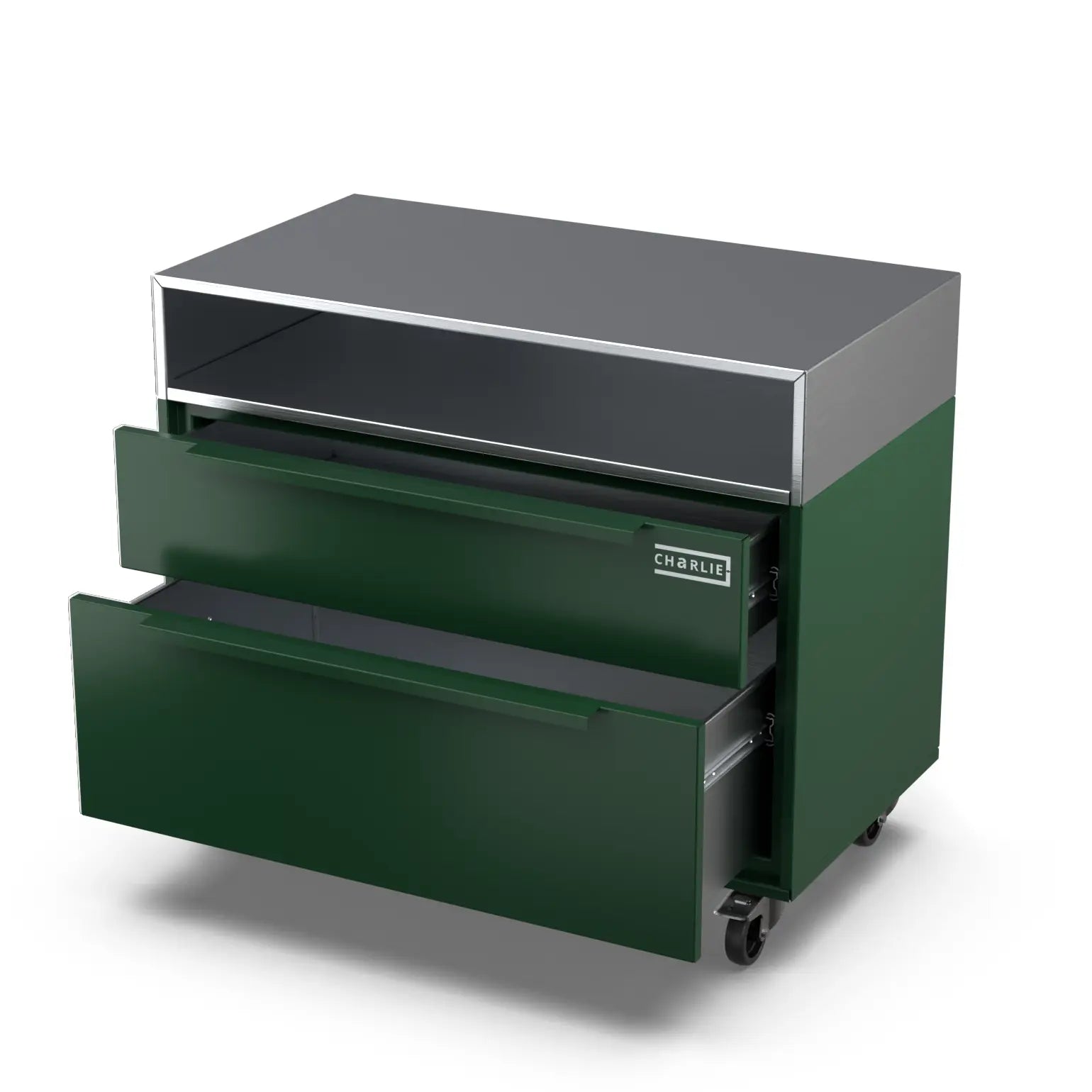 Two Drawer Base Cabinet in green chilli, door open to reveal the interior