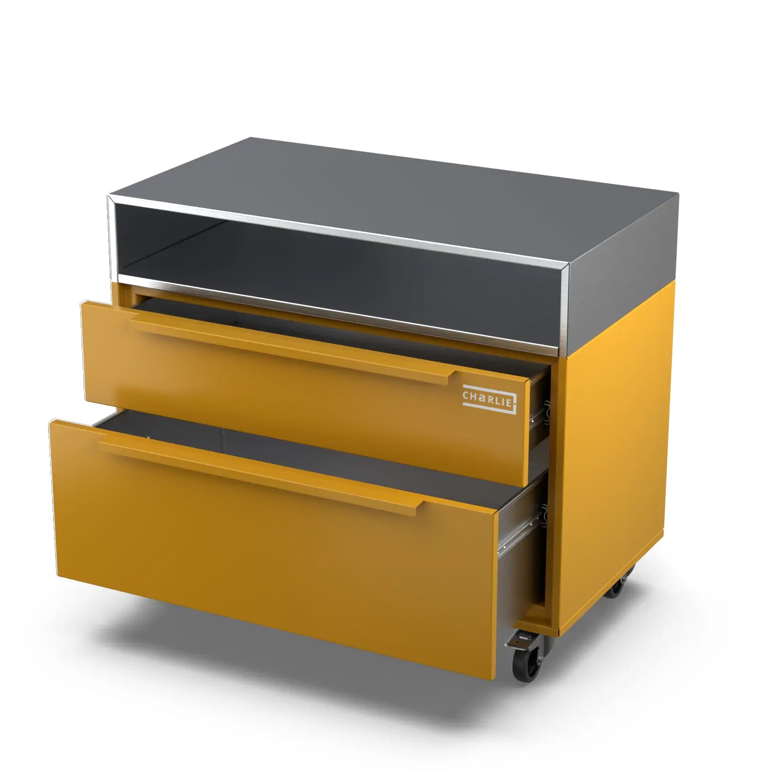 Two Drawer Base Cabinet in honeycomb yellow with the door open showing storage