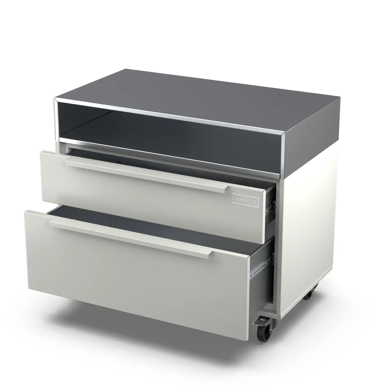Two Drawer Base Cabinet in truffle grey with the door open showing storage