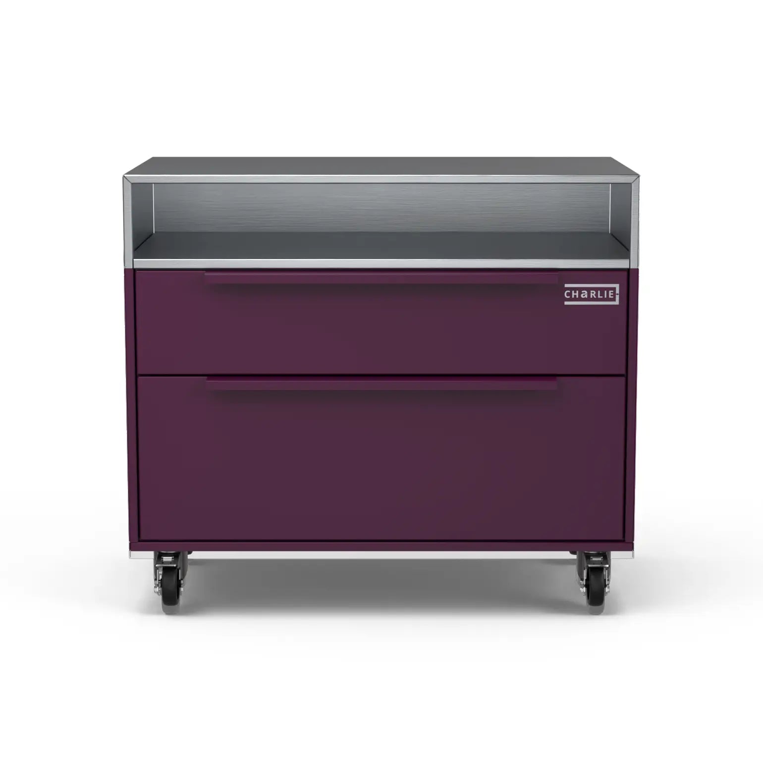 Two Drawer Base Cabinet, beetroot red unit photographed straight on