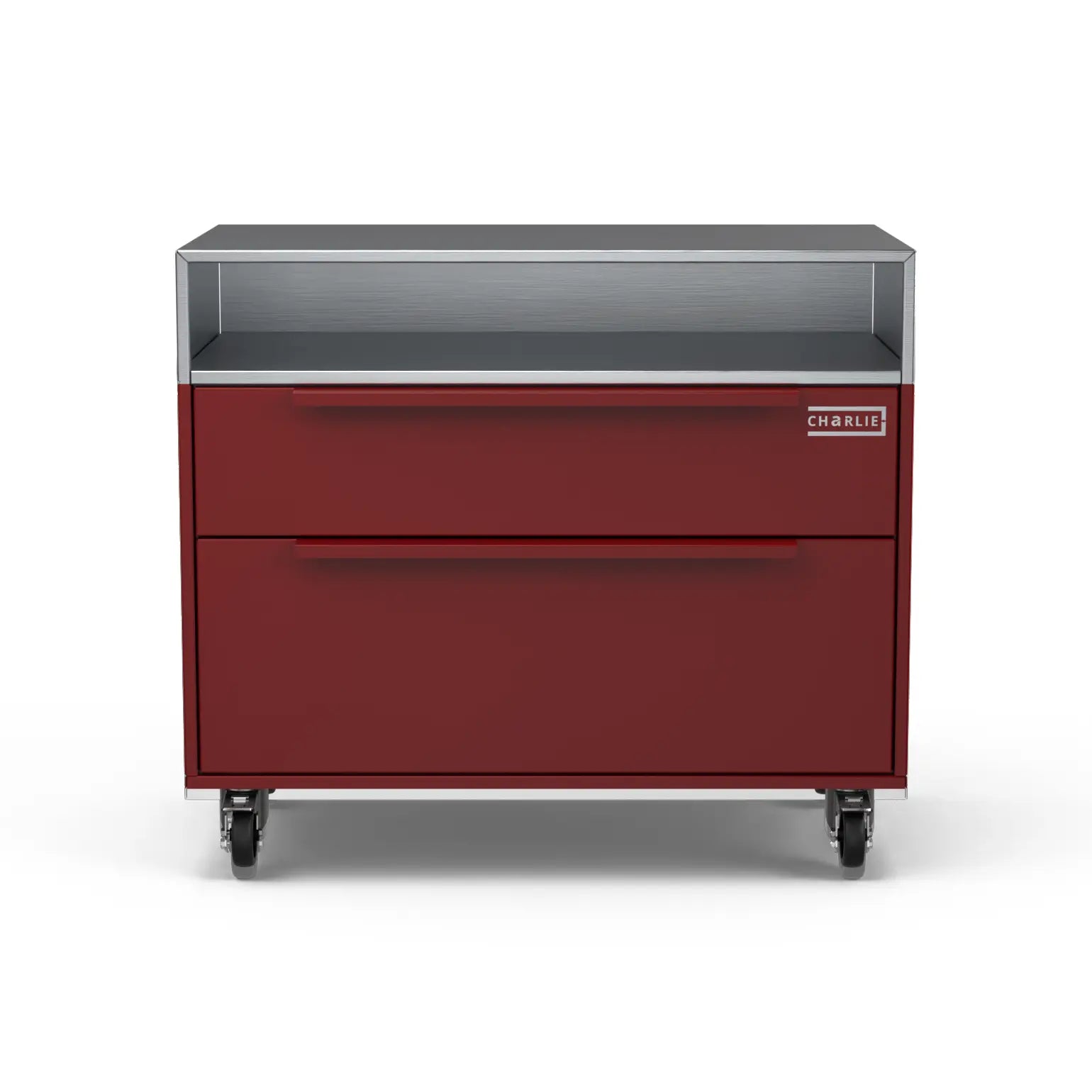 Front view of the Two Drawer Base Cabinet in dark cherry red