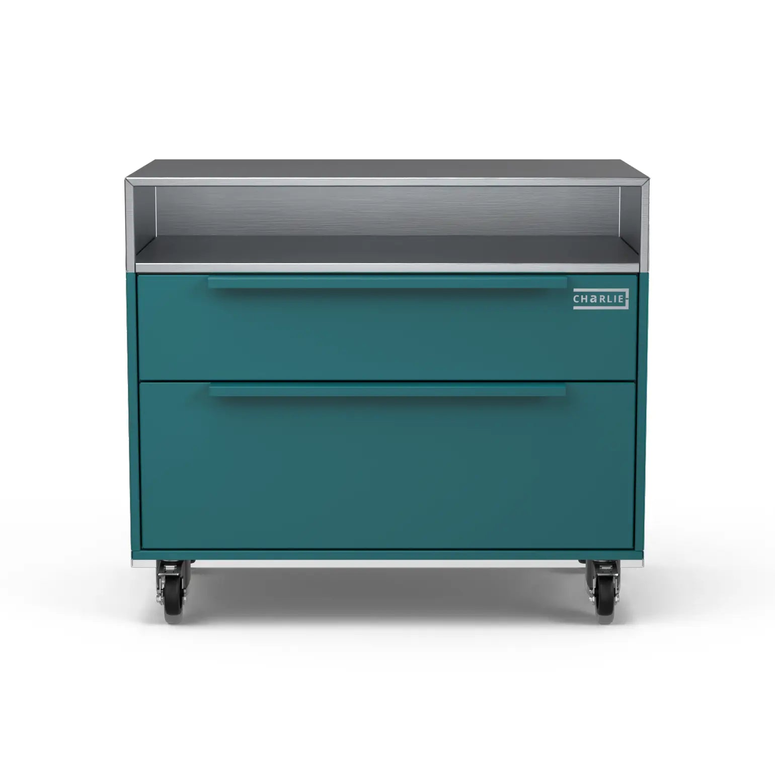 Two Drawer Base Cabinet in teal duck blue, front facing view