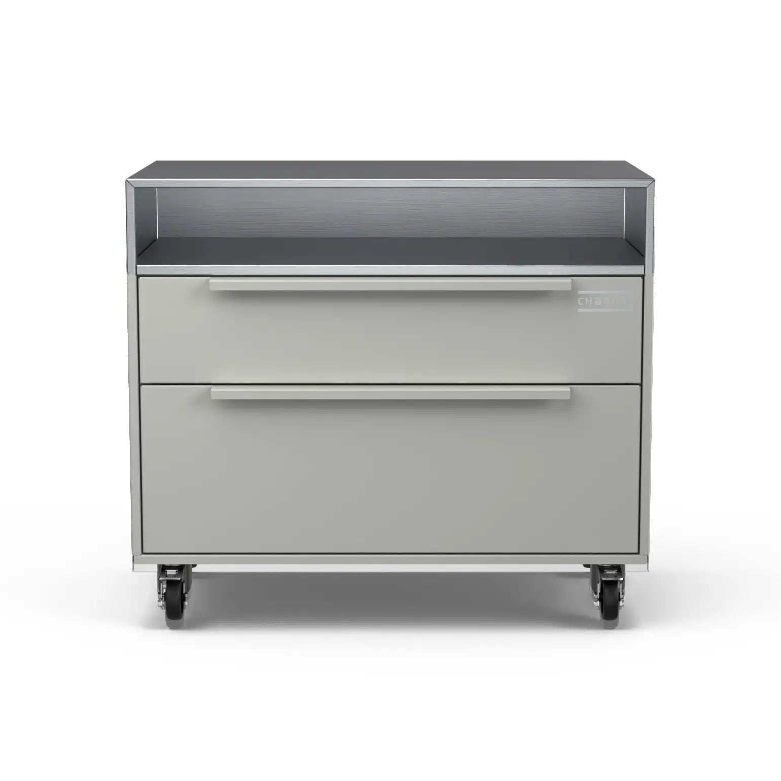 Front view of the Two Drawer Base Cabinet in truffle grey