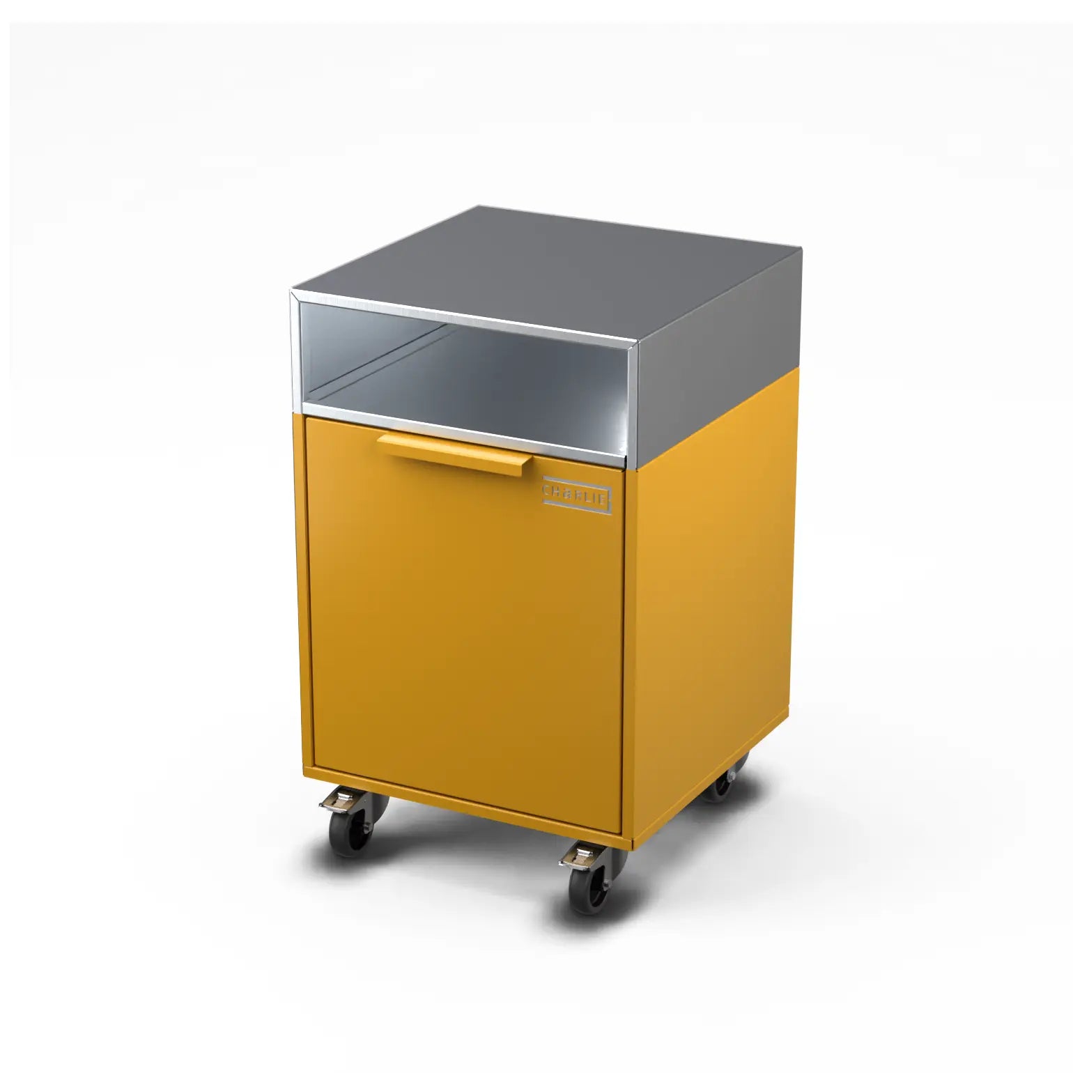 Drawer cabinet with bin, angled view