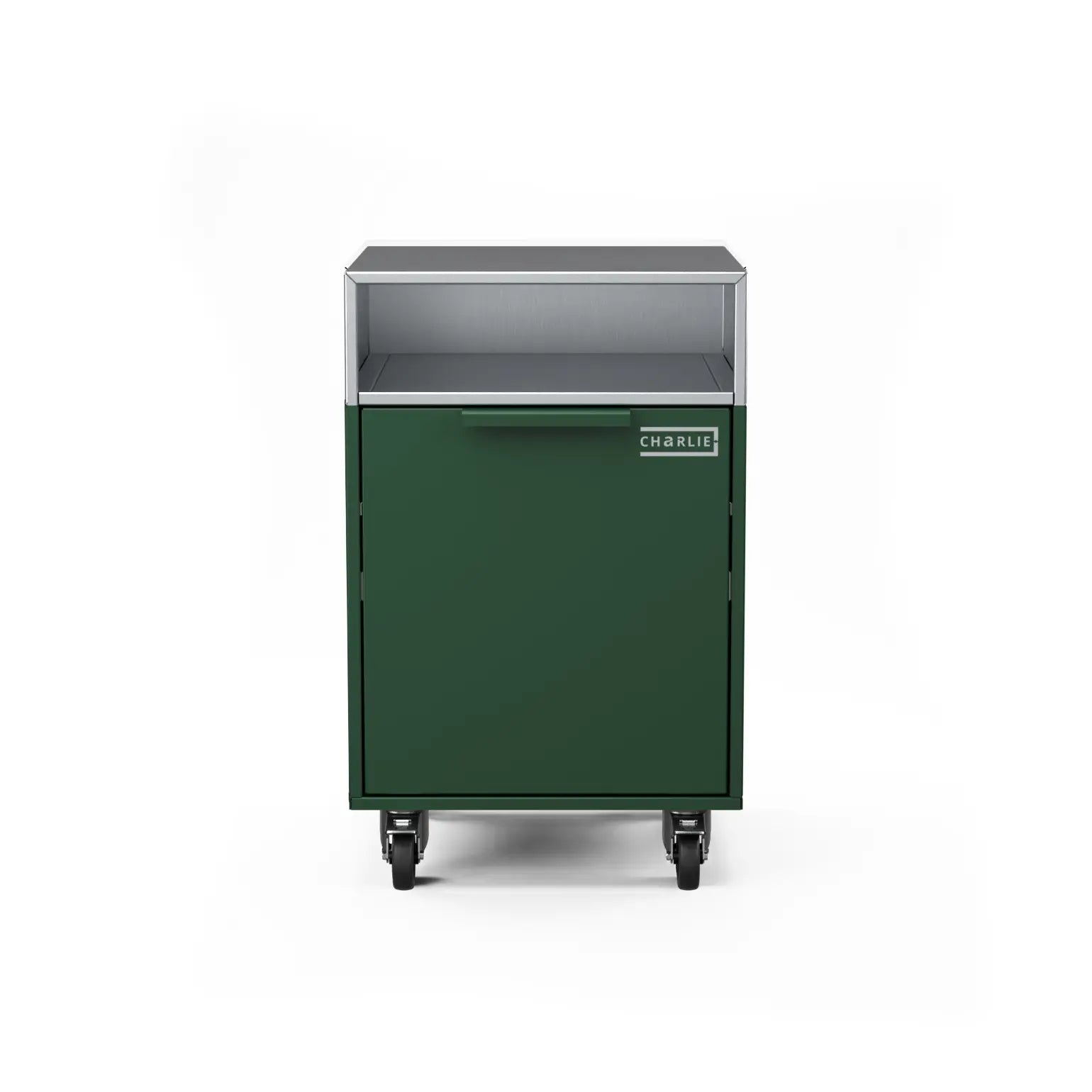 Drawer cabinet with bin, straight-on view