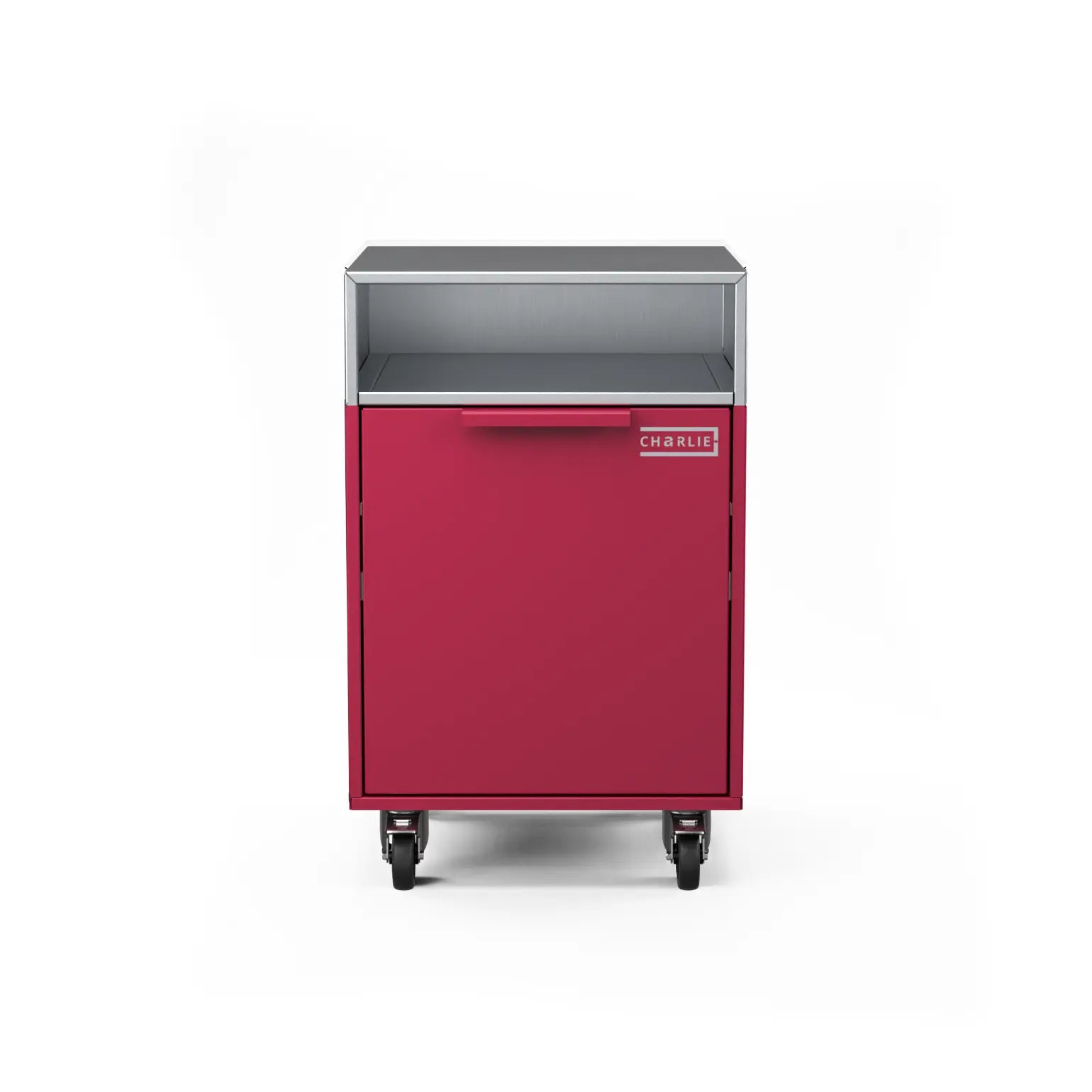 Drawer cabinet with bin, straight-on view
