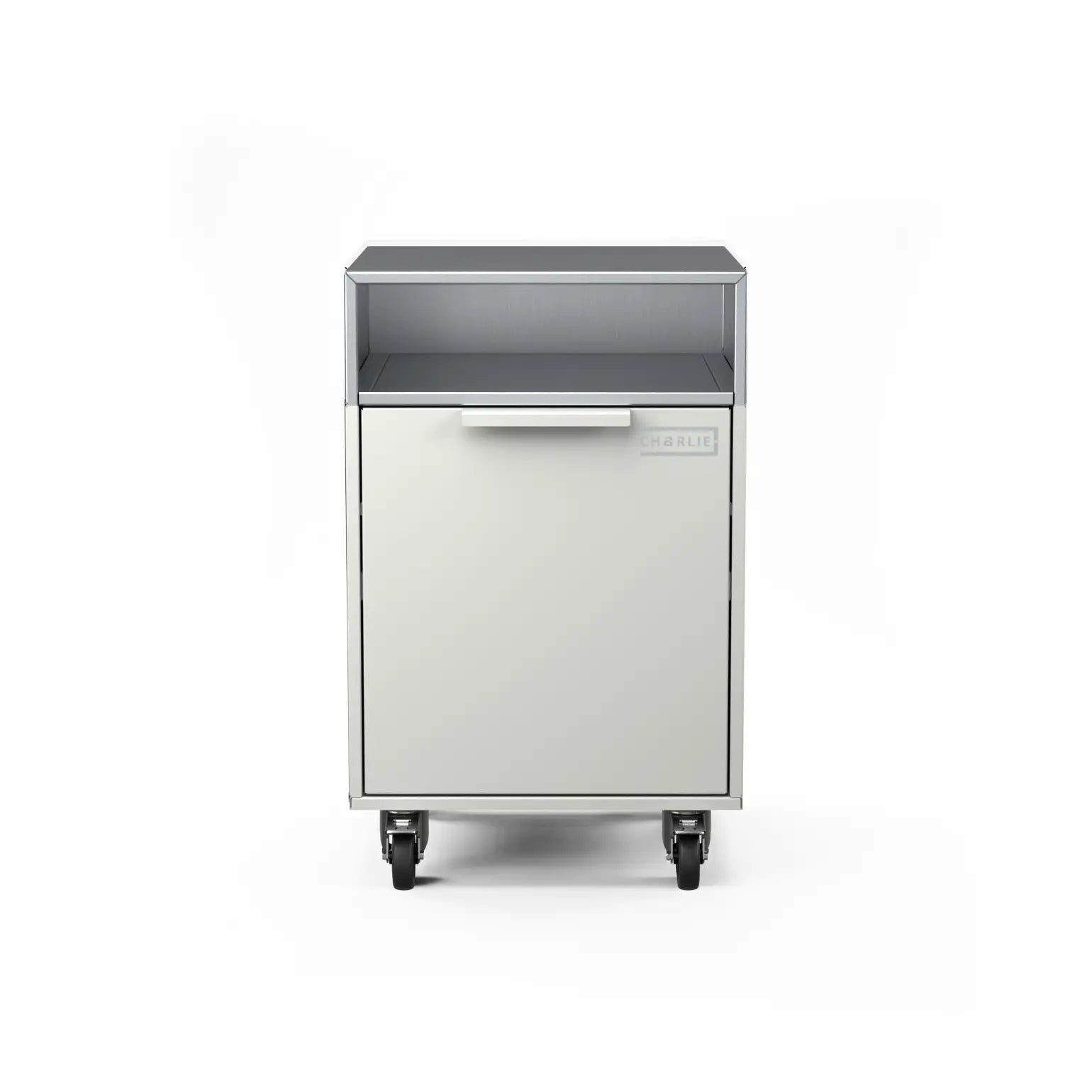 Drawer cabinet with bin, straight-on view
