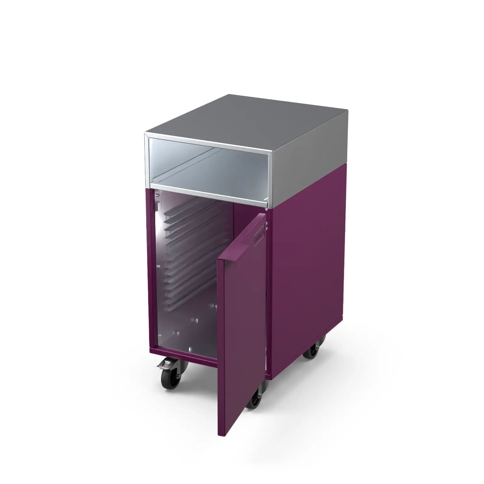 Accessory Cabinet in beetroot red with the door open showing storage