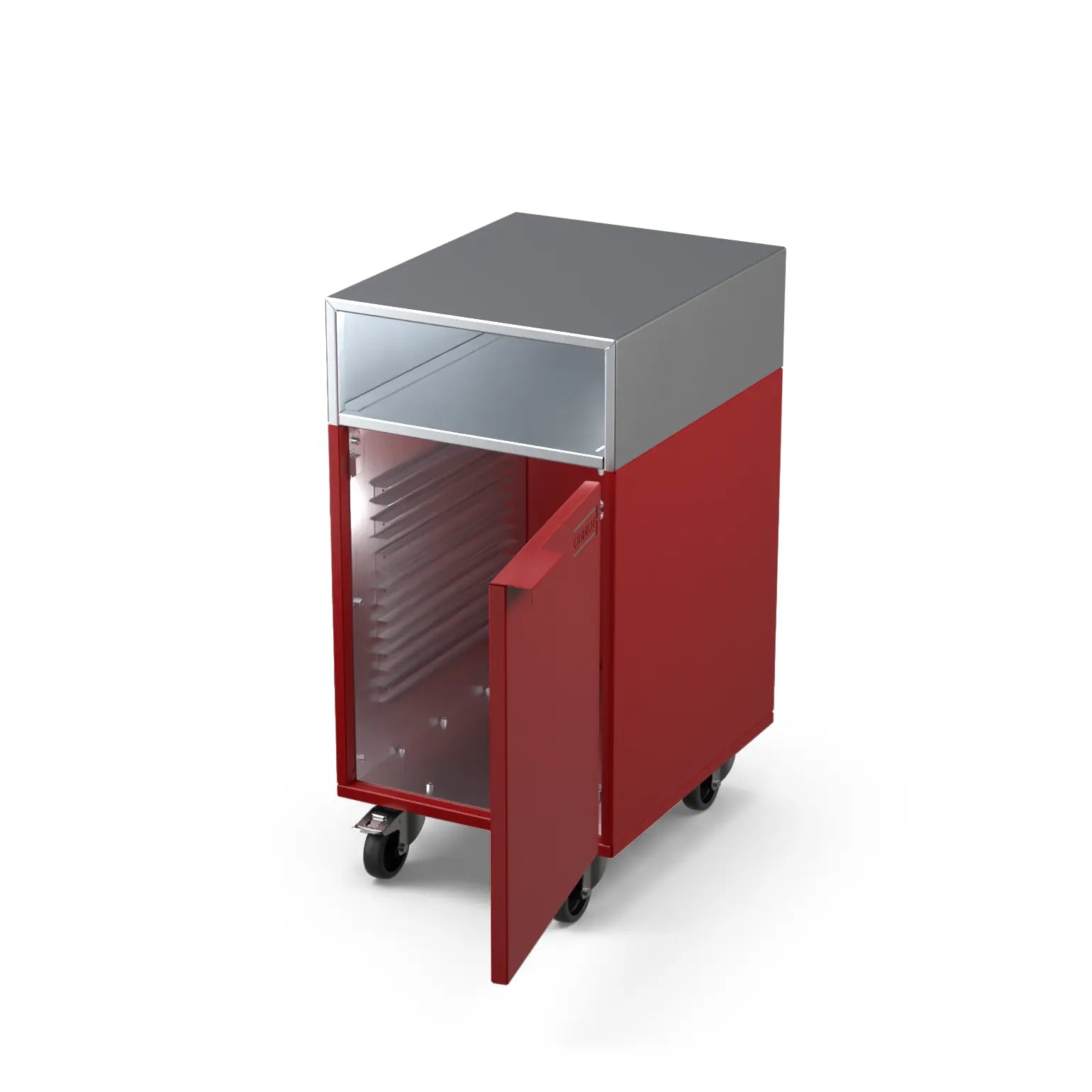 Accessory Cabinet in dark cherry red with the door open showing storage