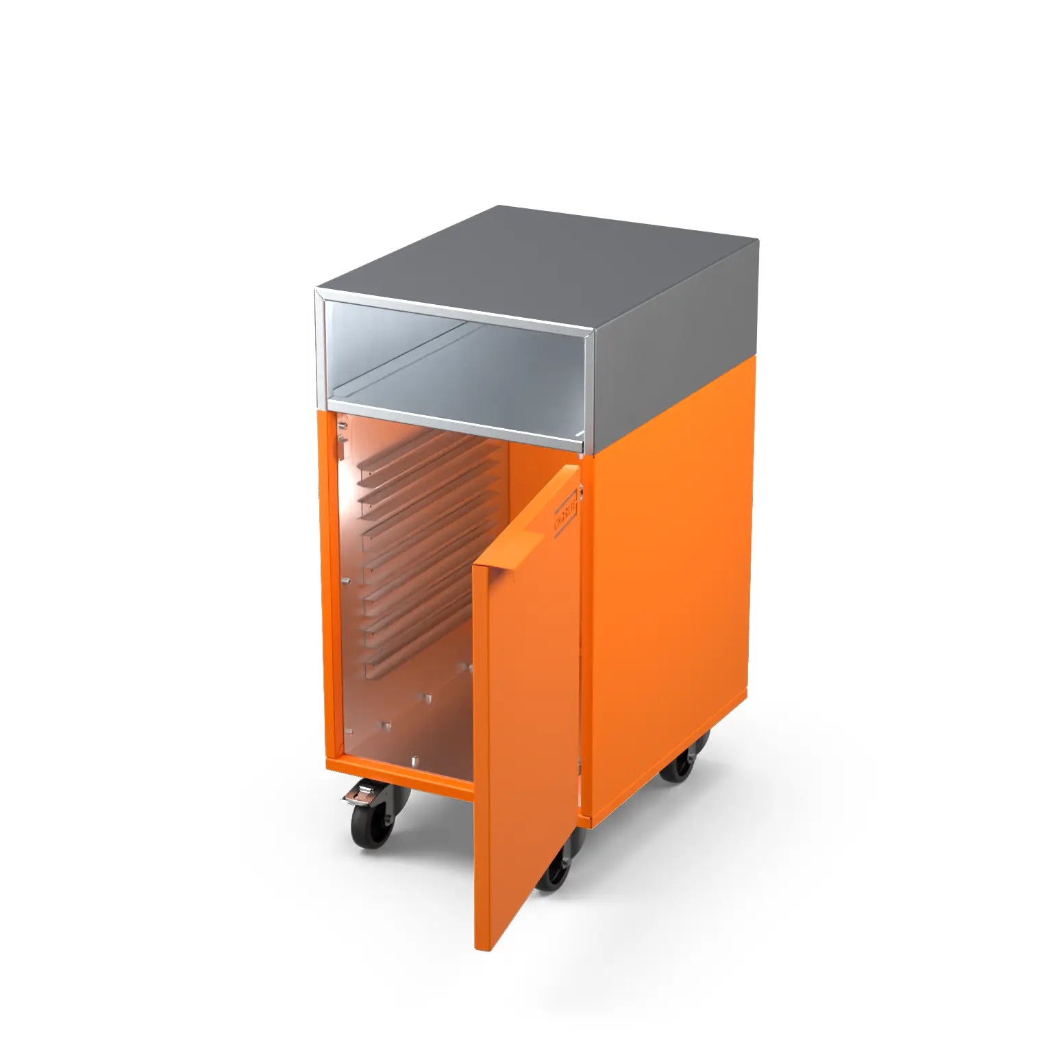 Accessory Cabinet in saffron yellow with the door open showing storage