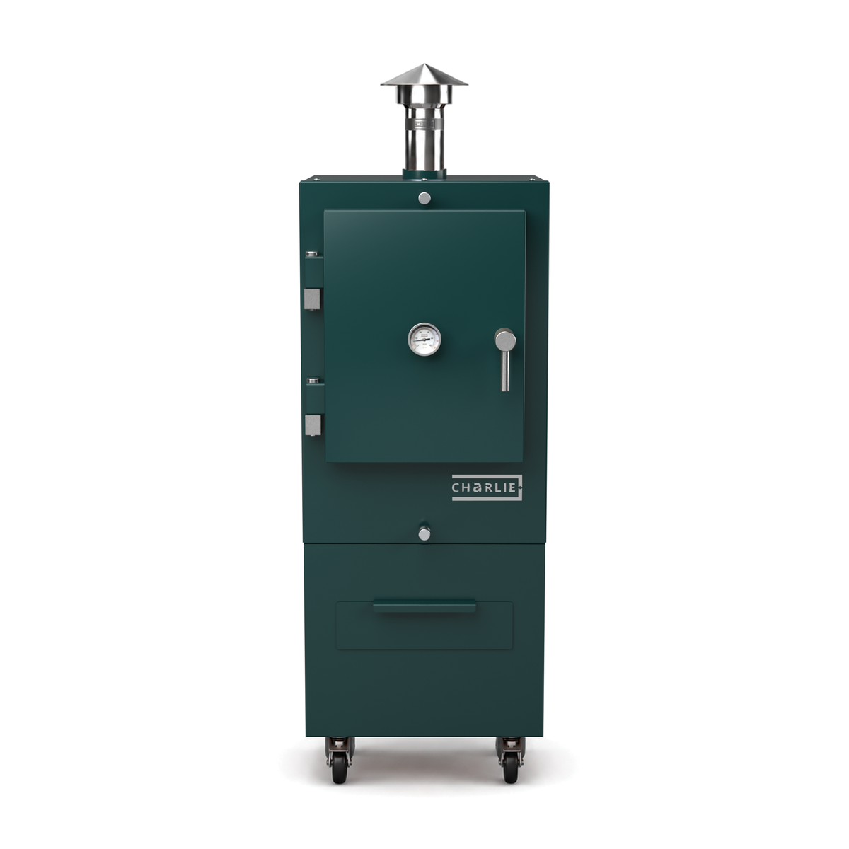 Charlie Charcoal Oven in agave green, front view with the door closed