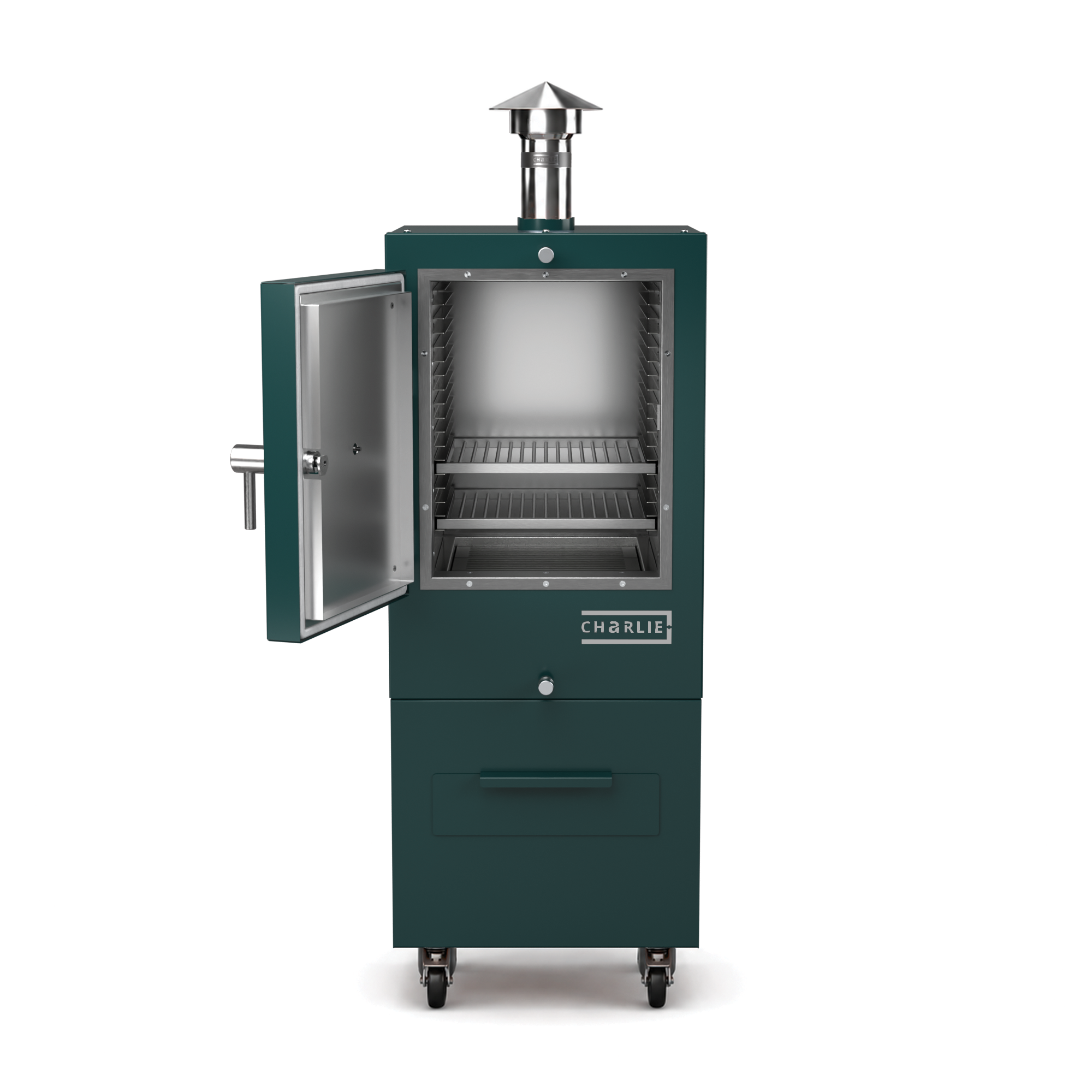 Charlie Charcoal Oven in agave green, front view with the door open showing the cooking chamber