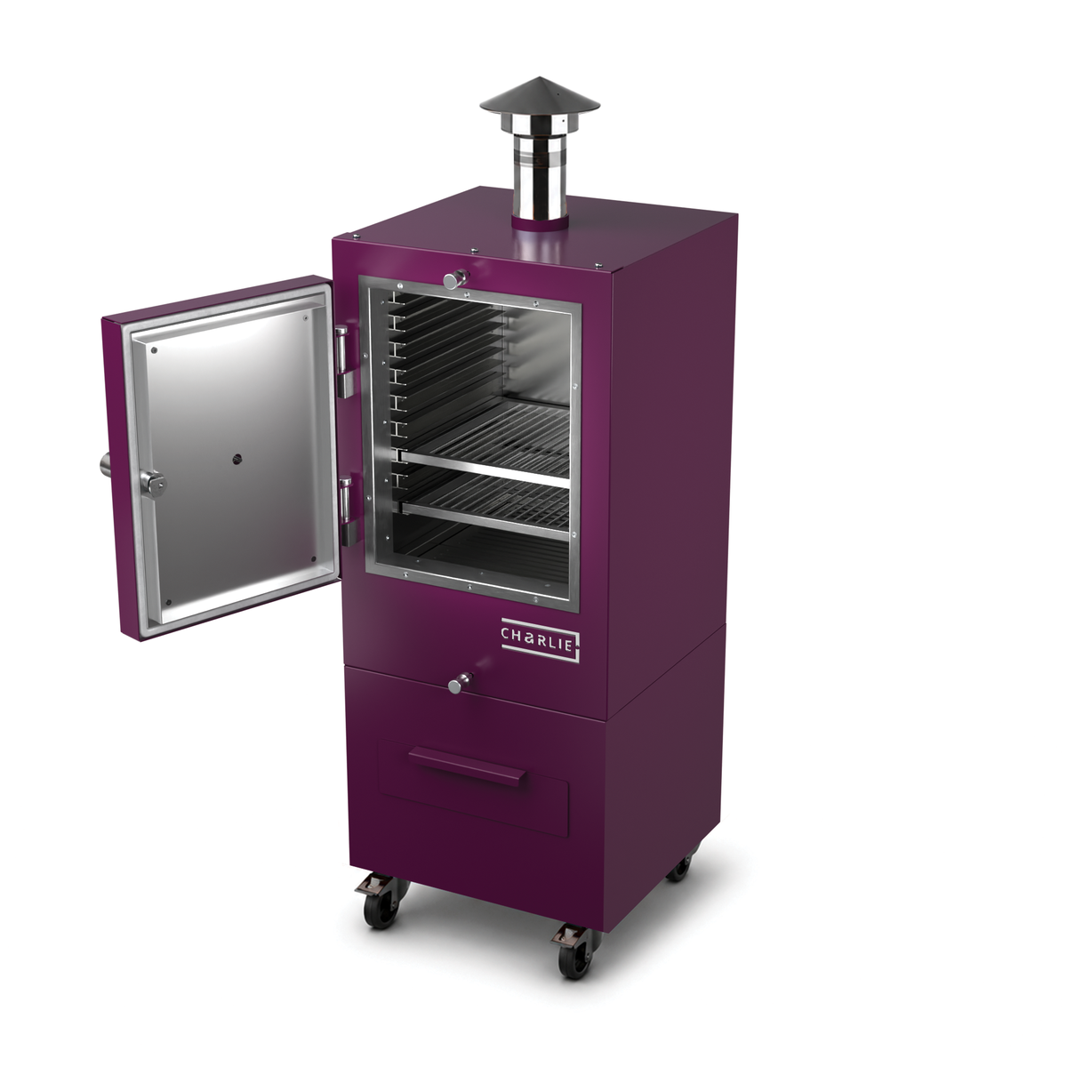 Charlie Charcoal Oven in beetroot red, angled view with the door open