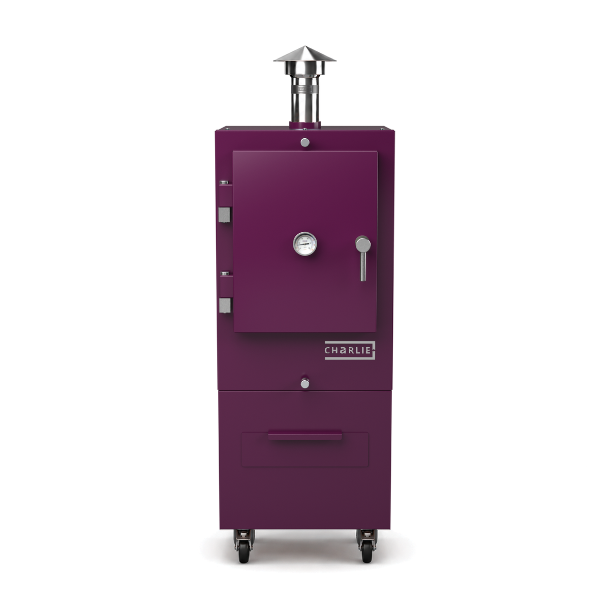 Charlie Charcoal Oven in beetroot red, front view with the door closed