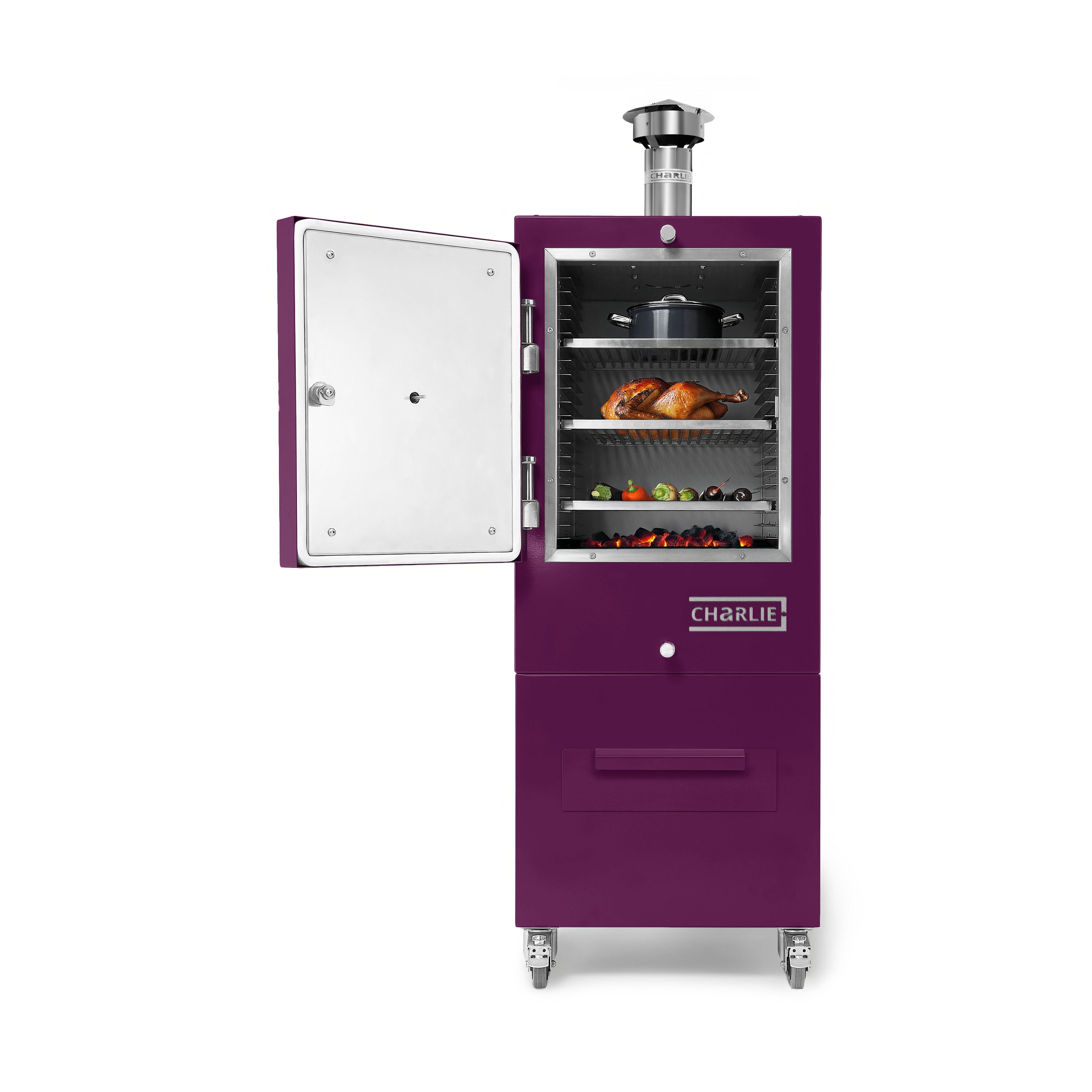 Purple barbecue smoker with open door showing food inside on a white background