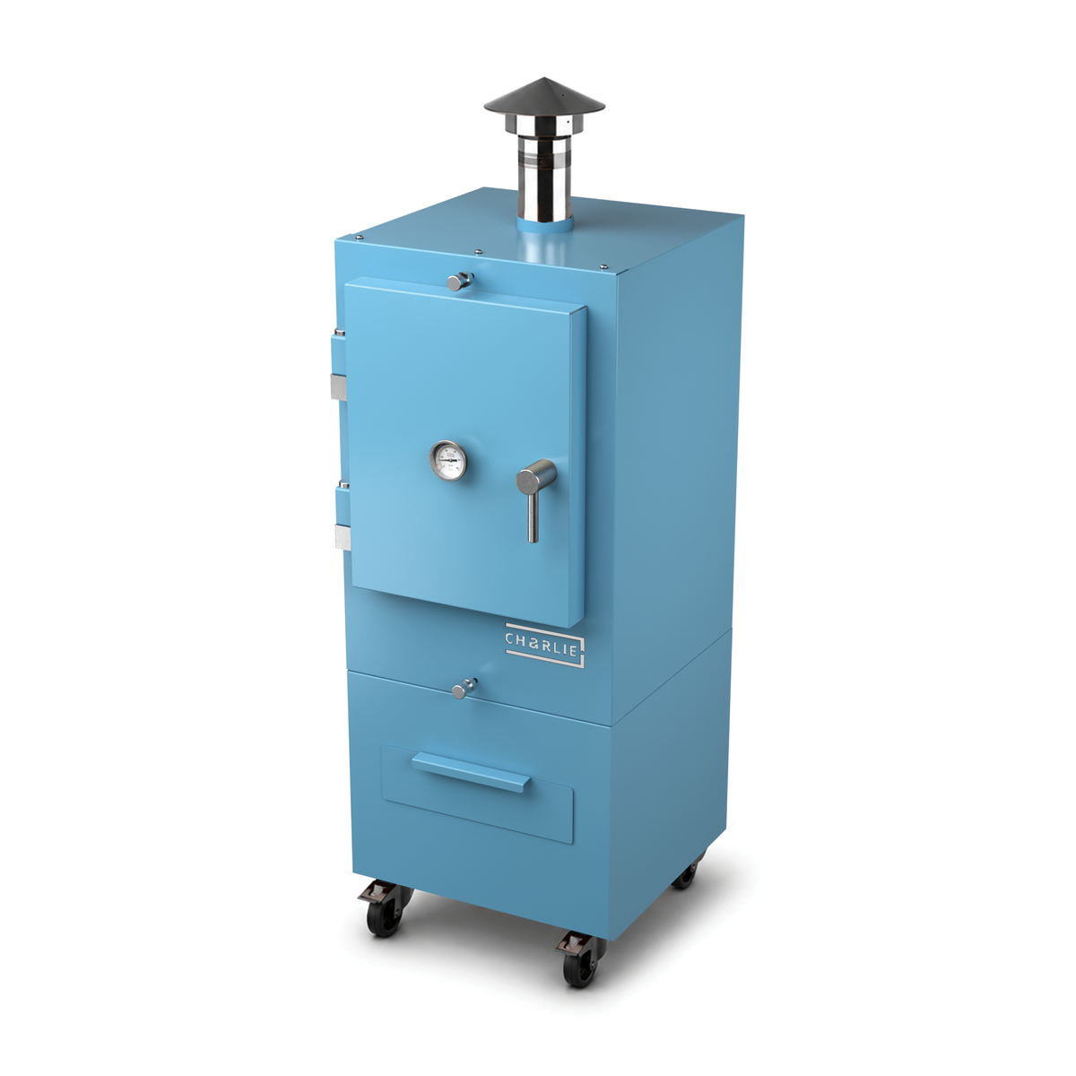 Charlie Charcoal Oven in blue marlin, angled view with the door closed