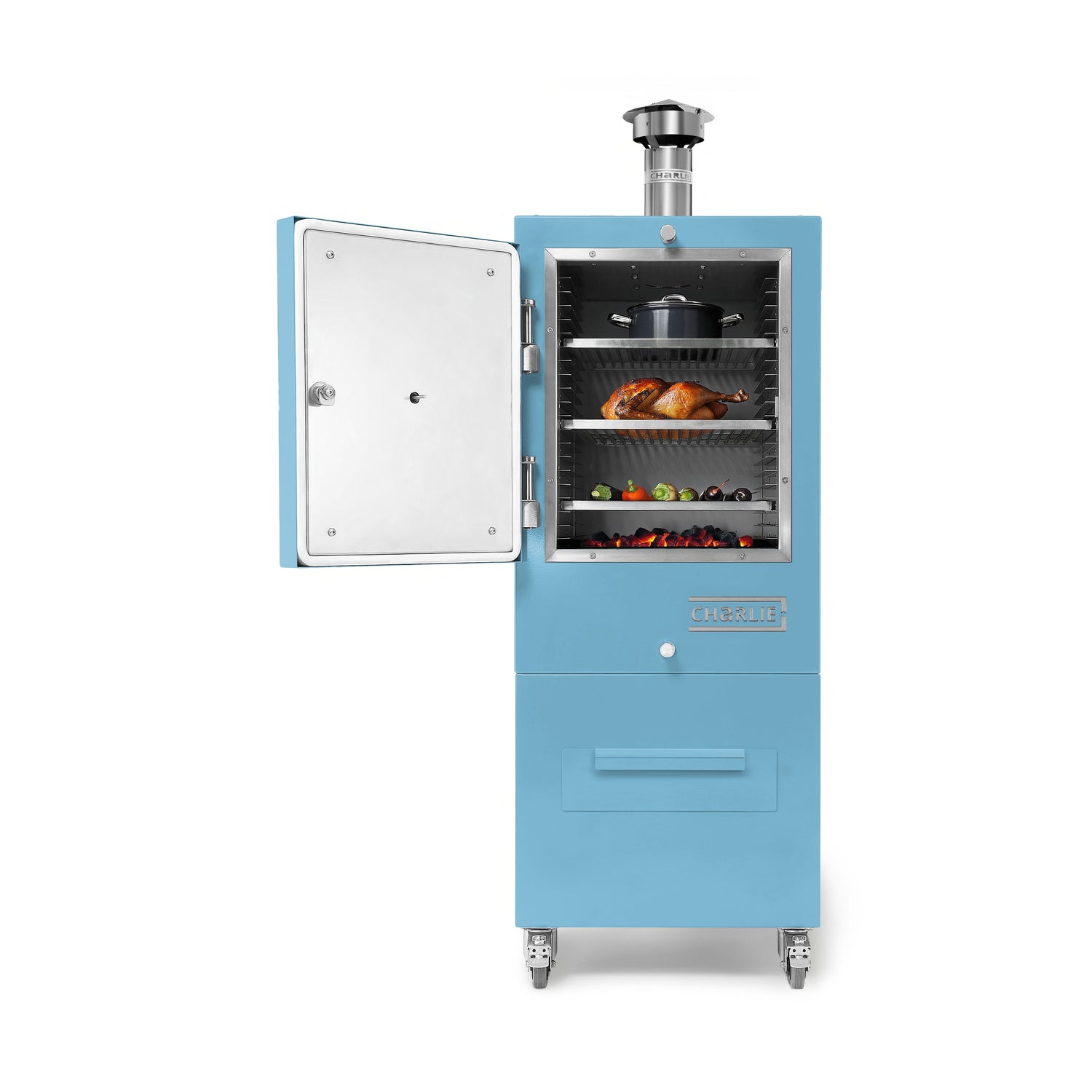 Blue vertical smoker with food inside on a white background