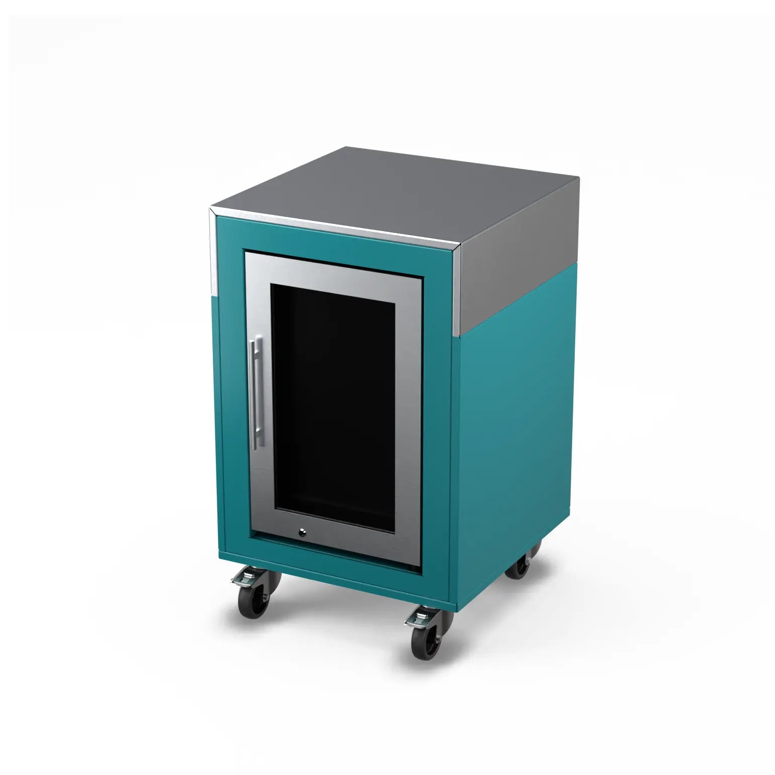 Fridge Cabinet in teal duck blue, angled side view
