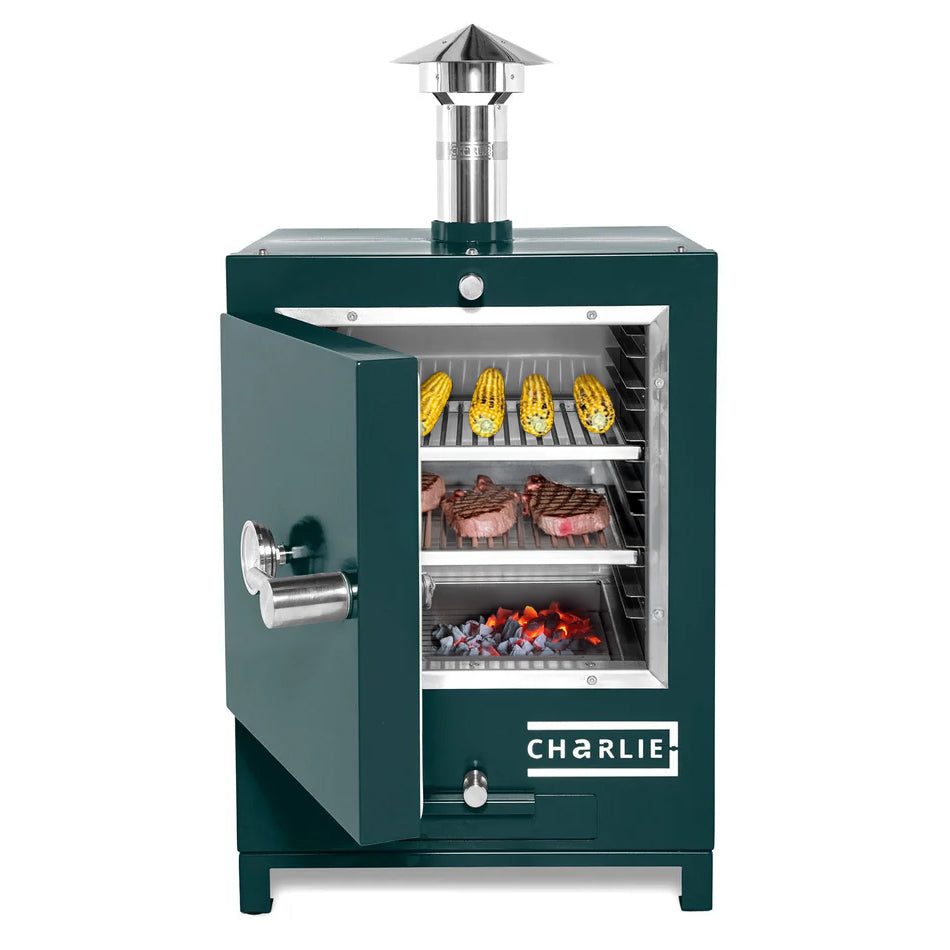 Green Cheeky Charlie with food on a white background