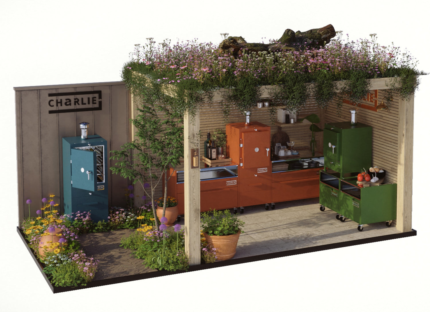 Model outdoor kitchen with various appliances and plants.