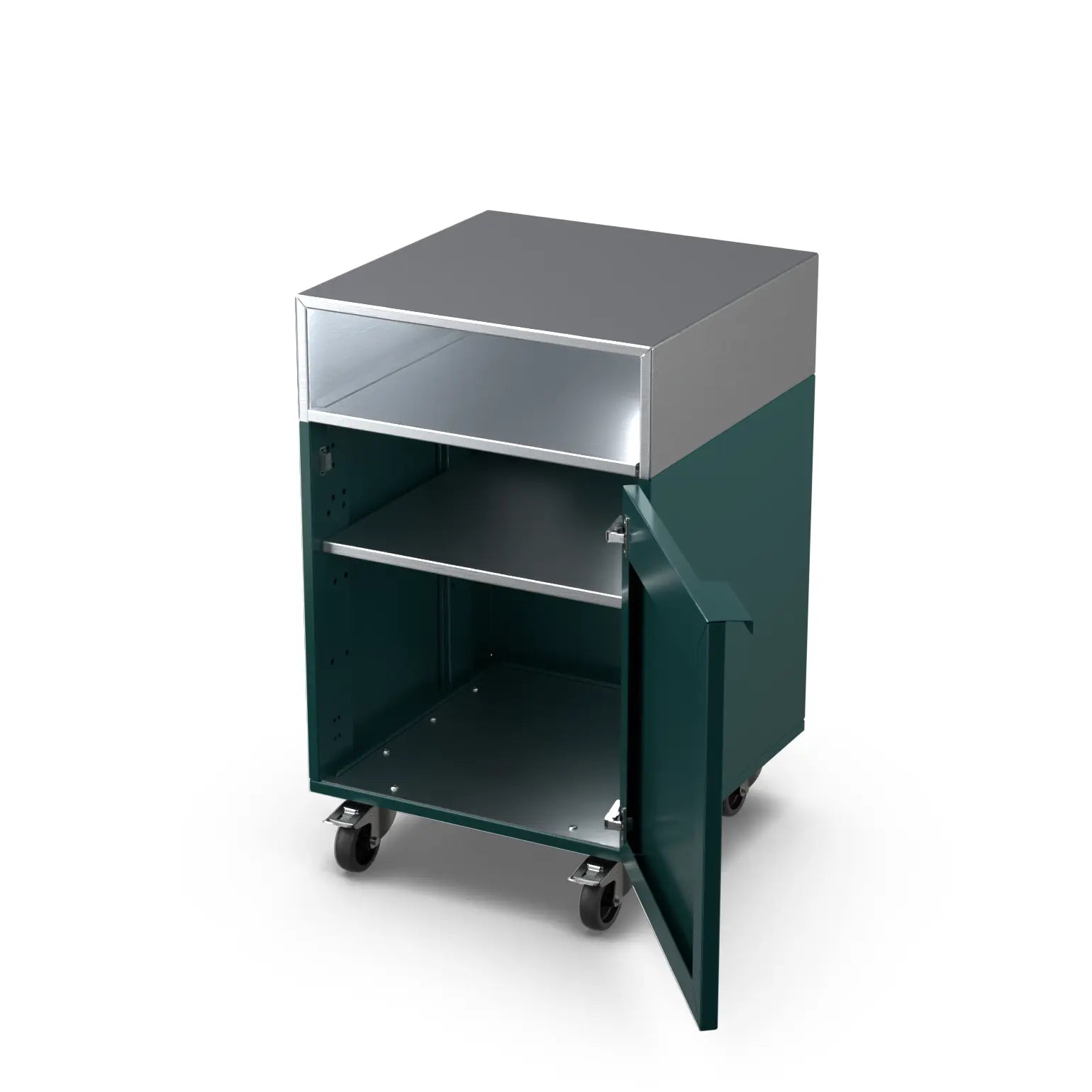 Agave green Base Cupboard Cabinet with door open revealing the inner shelf