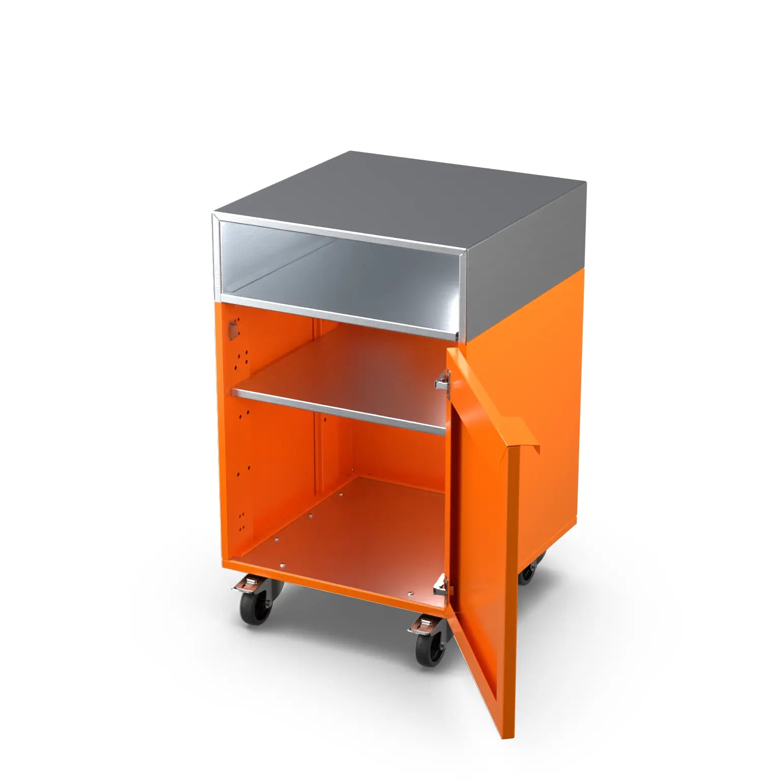 Saffron yellow Base Cupboard Cabinet with the door open showing the inner shelf