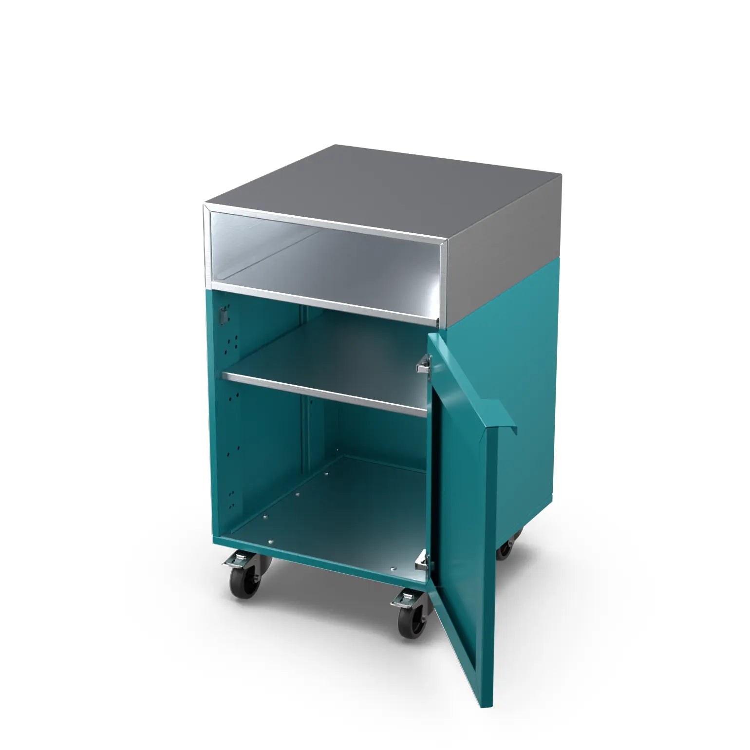 Teal Duck Base Cupboard Cabinet with the door open showing the interior shelf