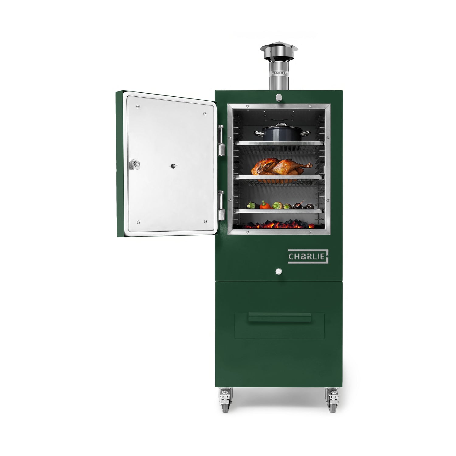 Green smoker grill with food inside on a white background
