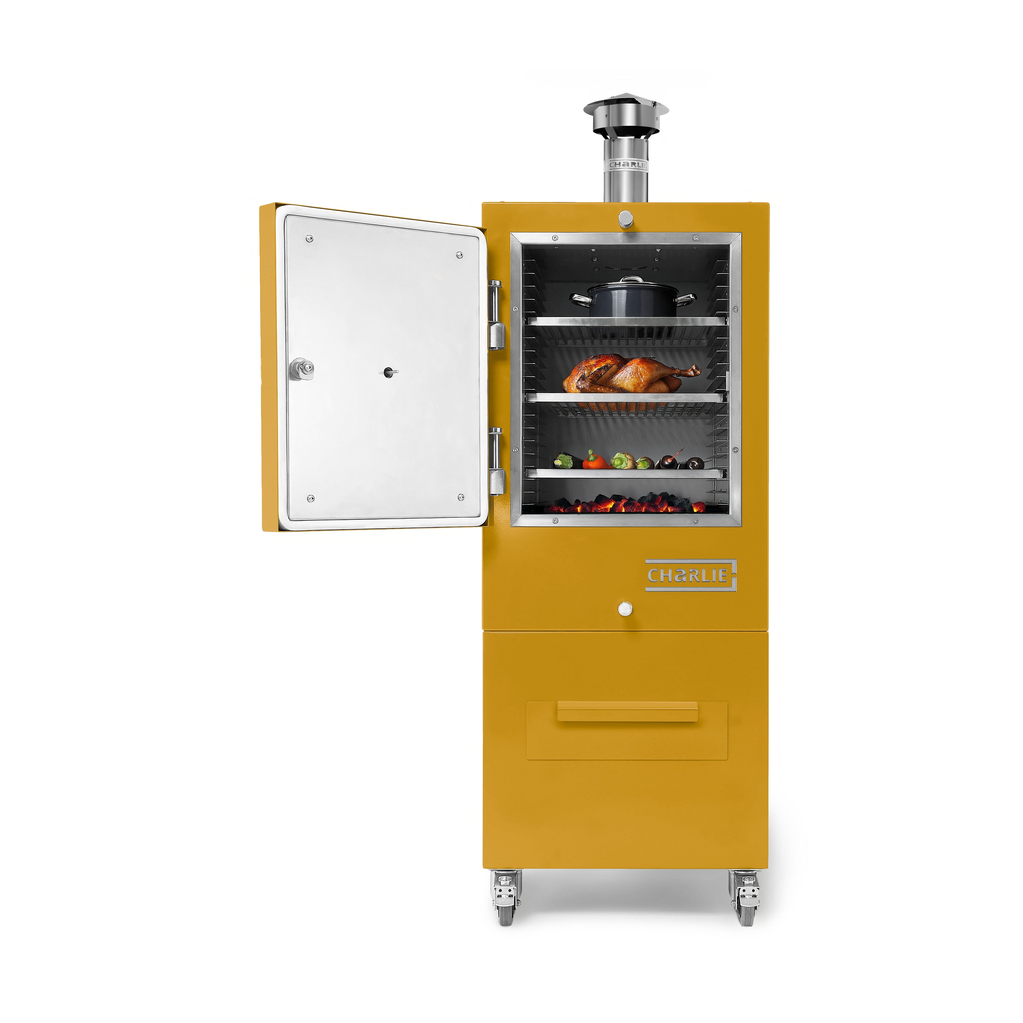 Yellow smoker grill with open door showing interior and food, on a white background.