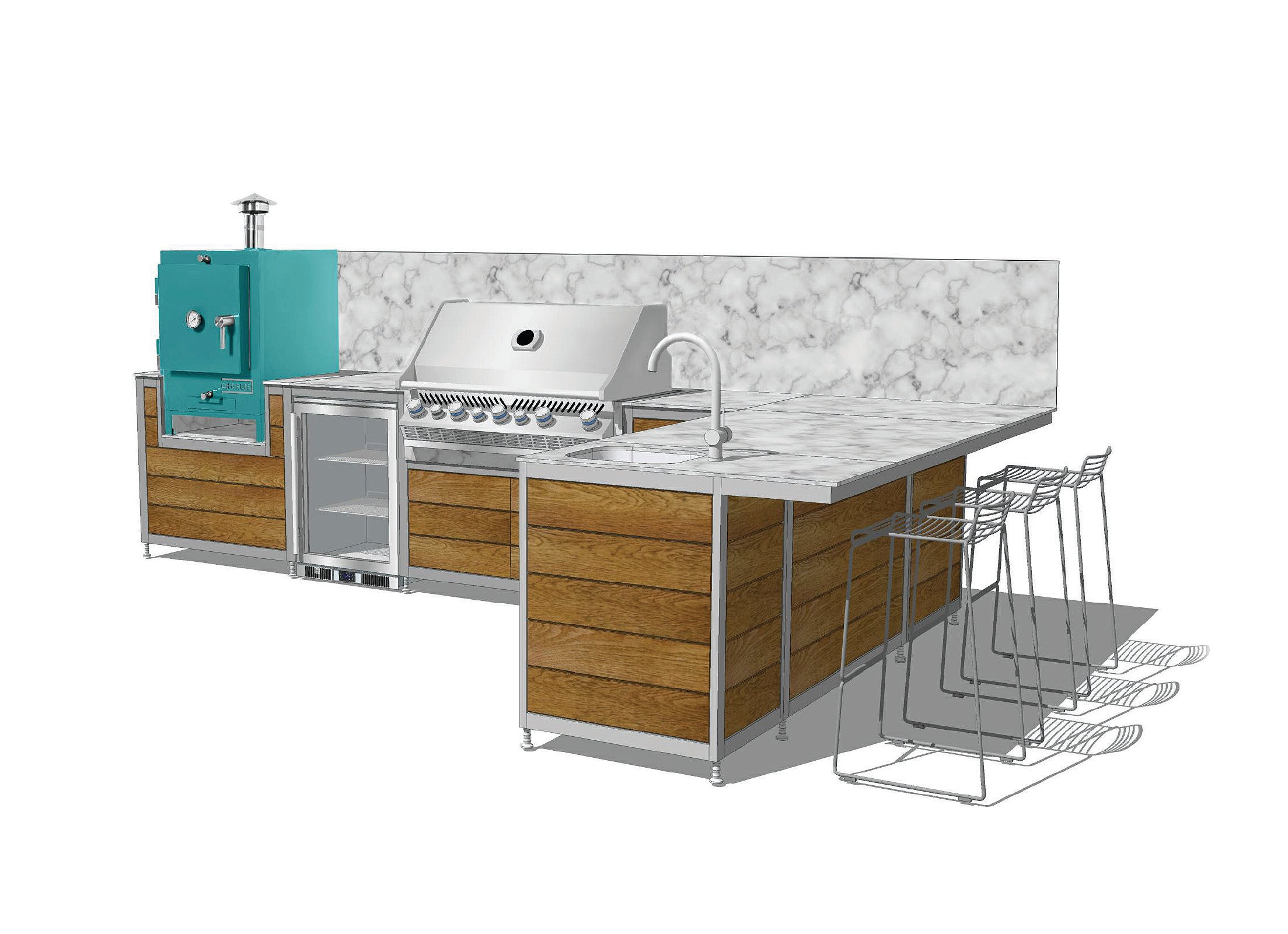 Outdoor kitchen with grill, refrigerator, and countertops on a white background