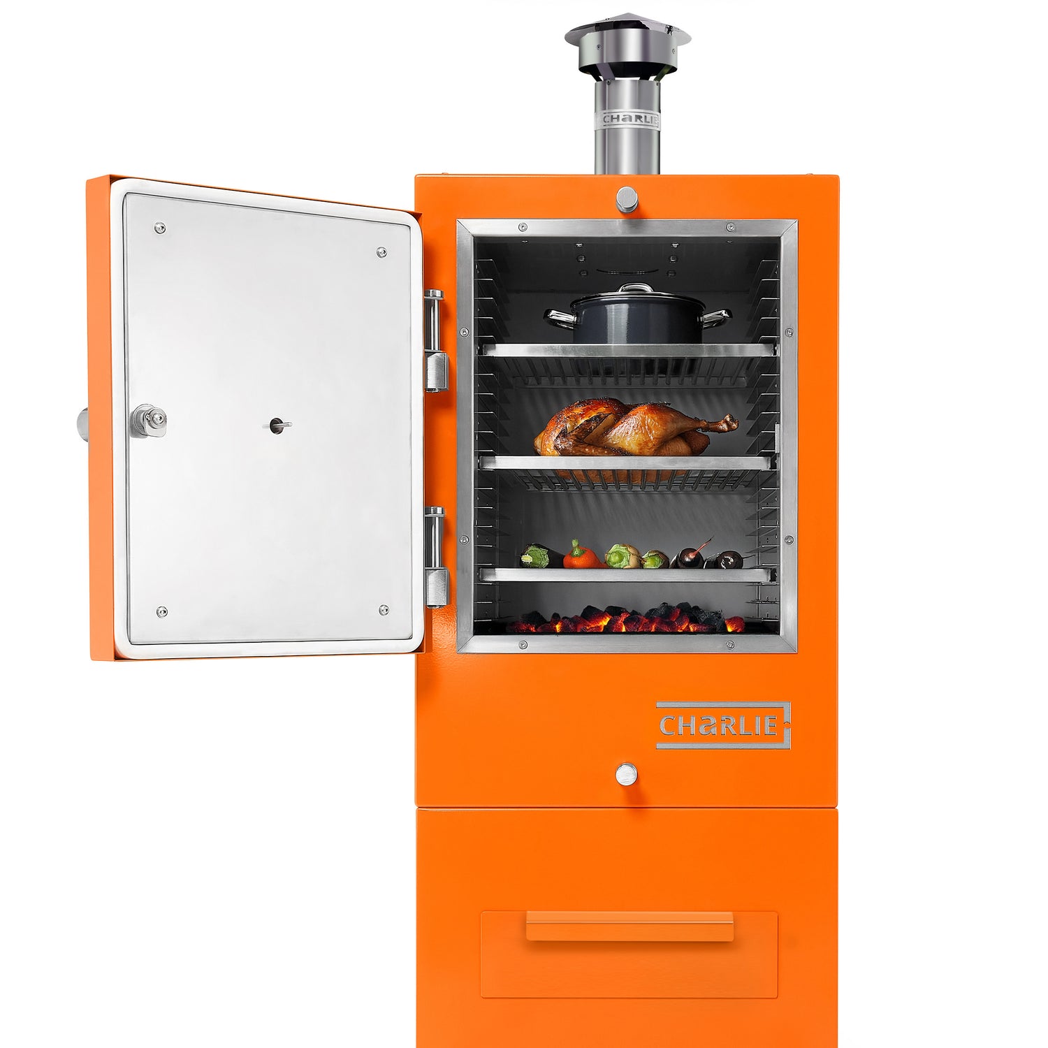 Orange smoker grill with a door open, showing food inside on a white background
