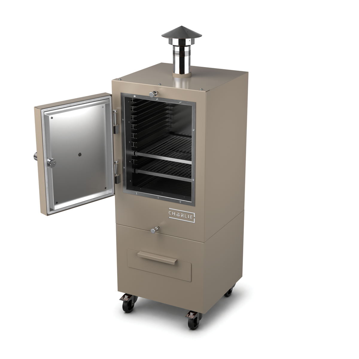 Charlie Charcoal Oven in nutmeg, a taupe brown, angled view with the door open