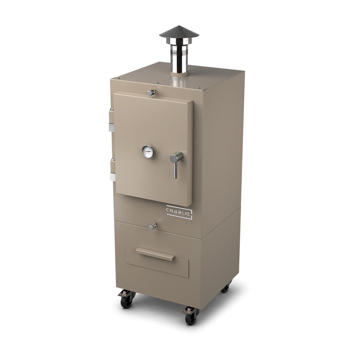 Charlie Charcoal Oven in nutmeg, a taupe brown, angled view with the door closed