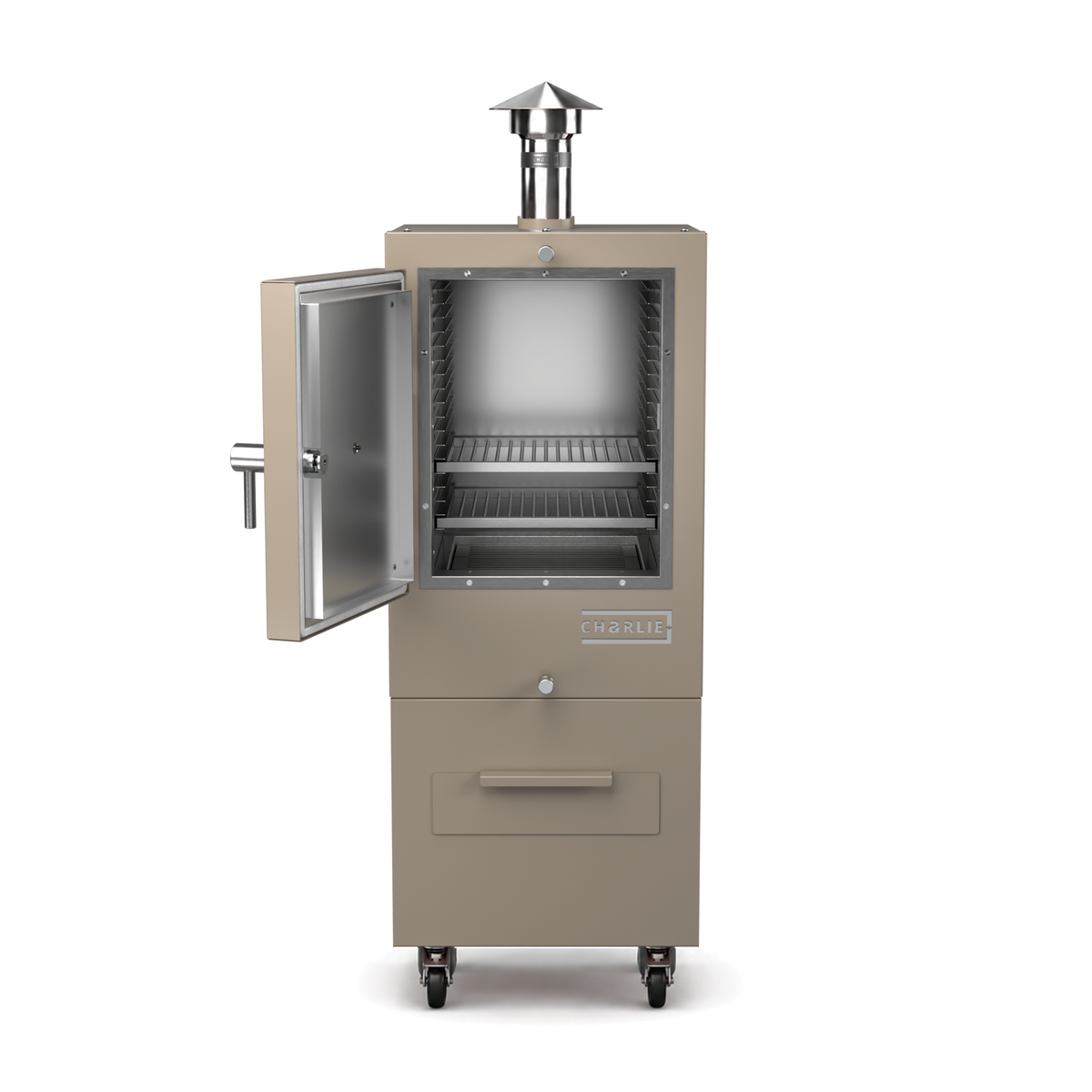 A Charlie charcoal oven in Nutmeg with the door open, showing the welded 304 stainless steel cooking chamber and rack positions.