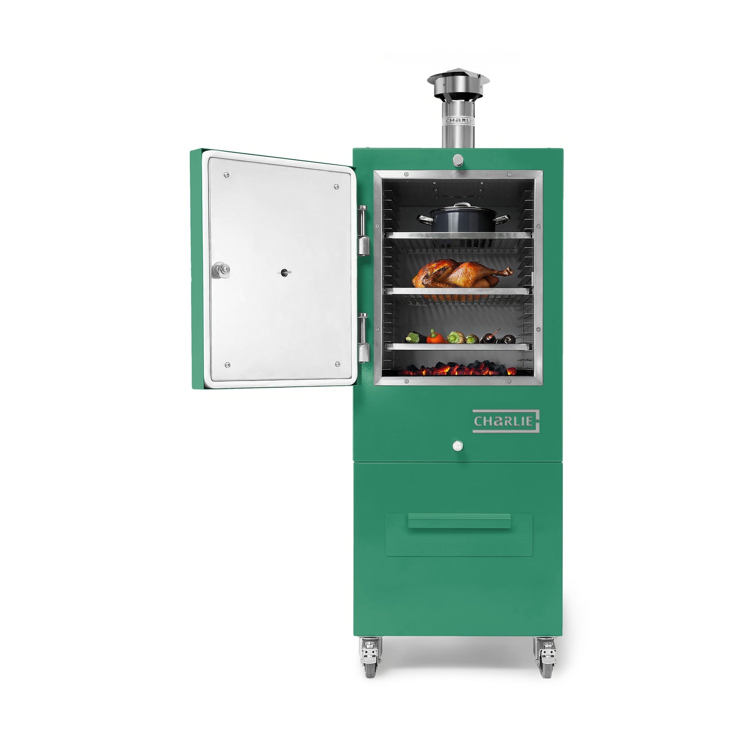 Green smoker grill with food inside on a white background