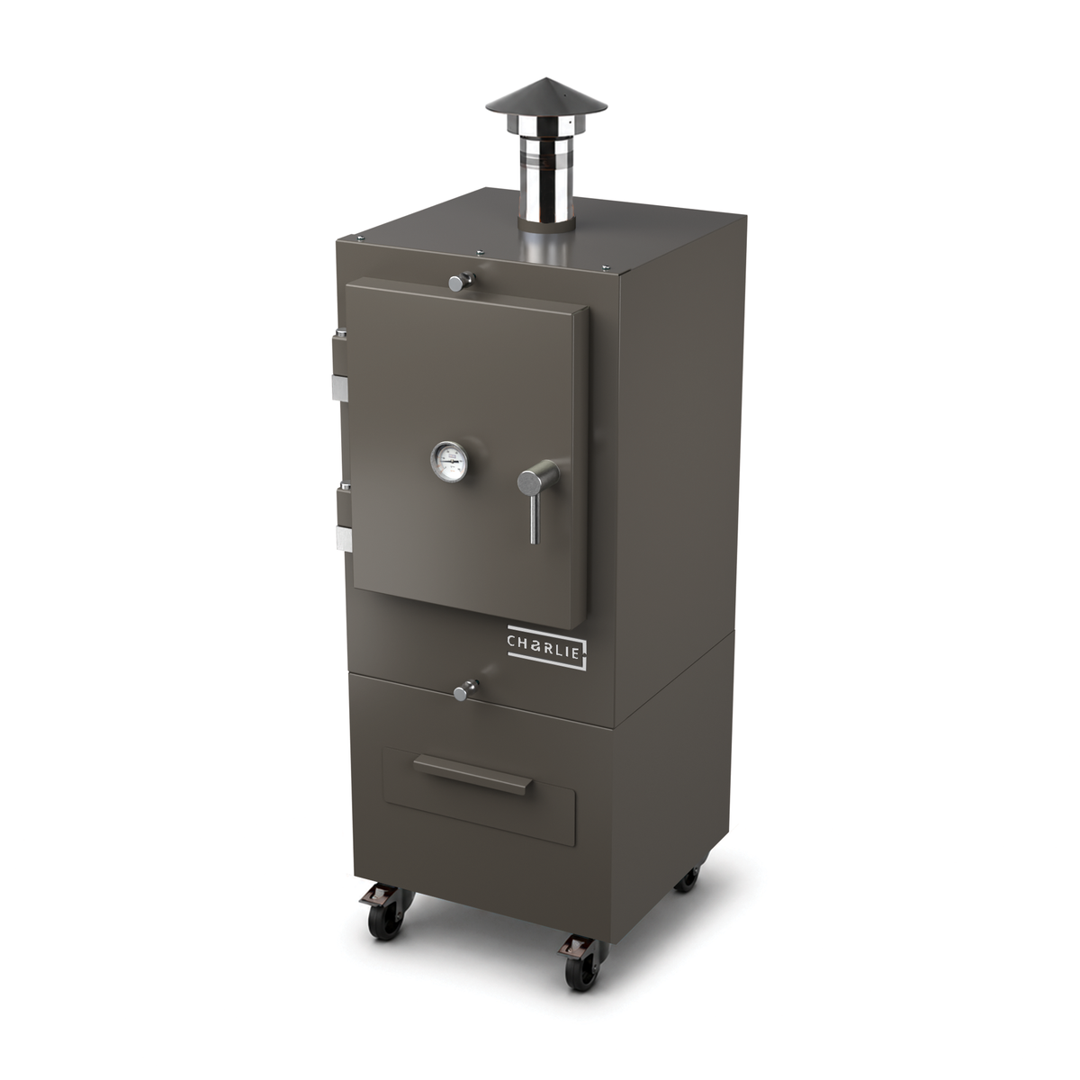 Charlie Charcoal Oven in porcini grey, angled view with the door closed