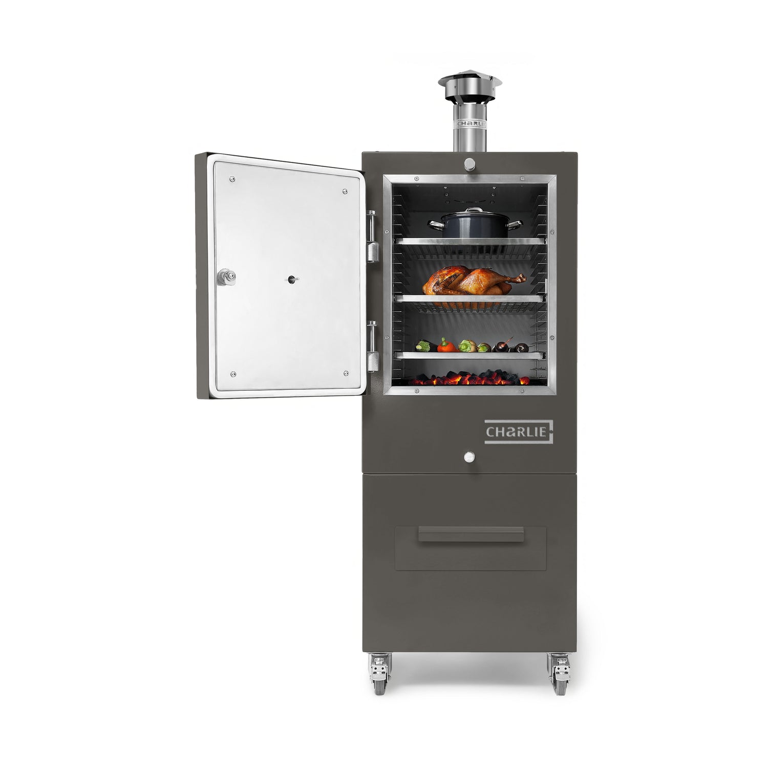 Smoker grill with open door showing food inside on a white background