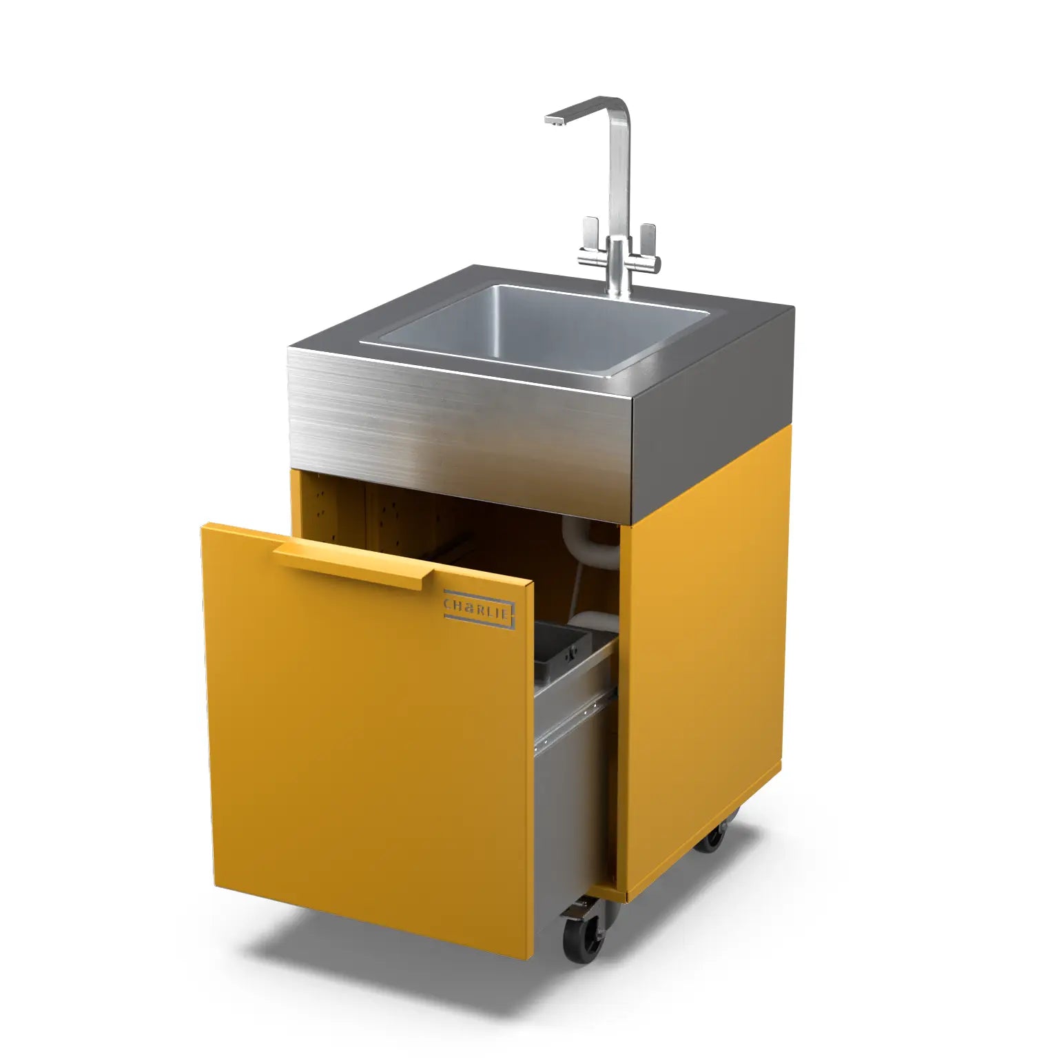 Honeycomb yellow plumbed sink cabinet with bin, doors open