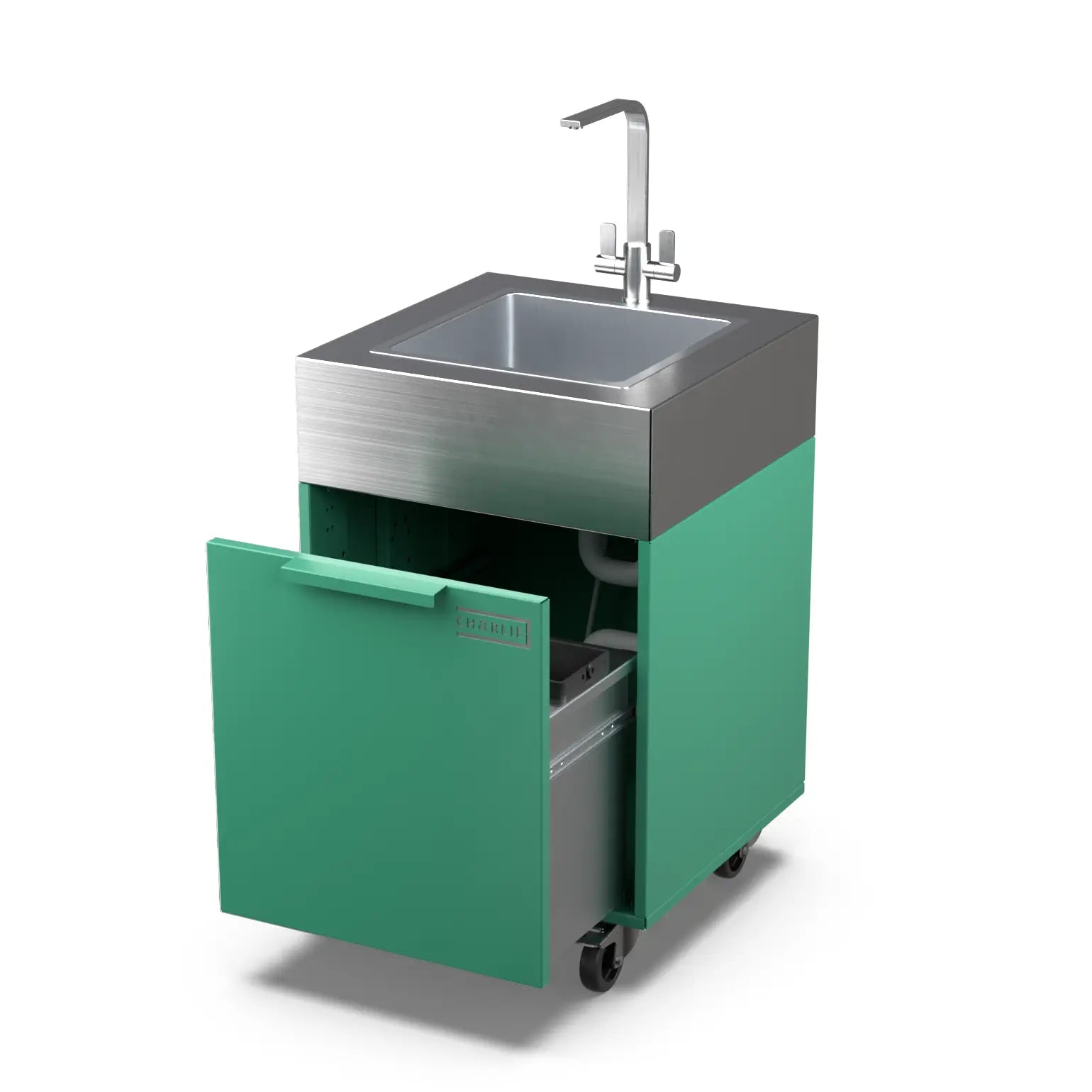 Oregano green plumbed sink cabinet with bin, doors open