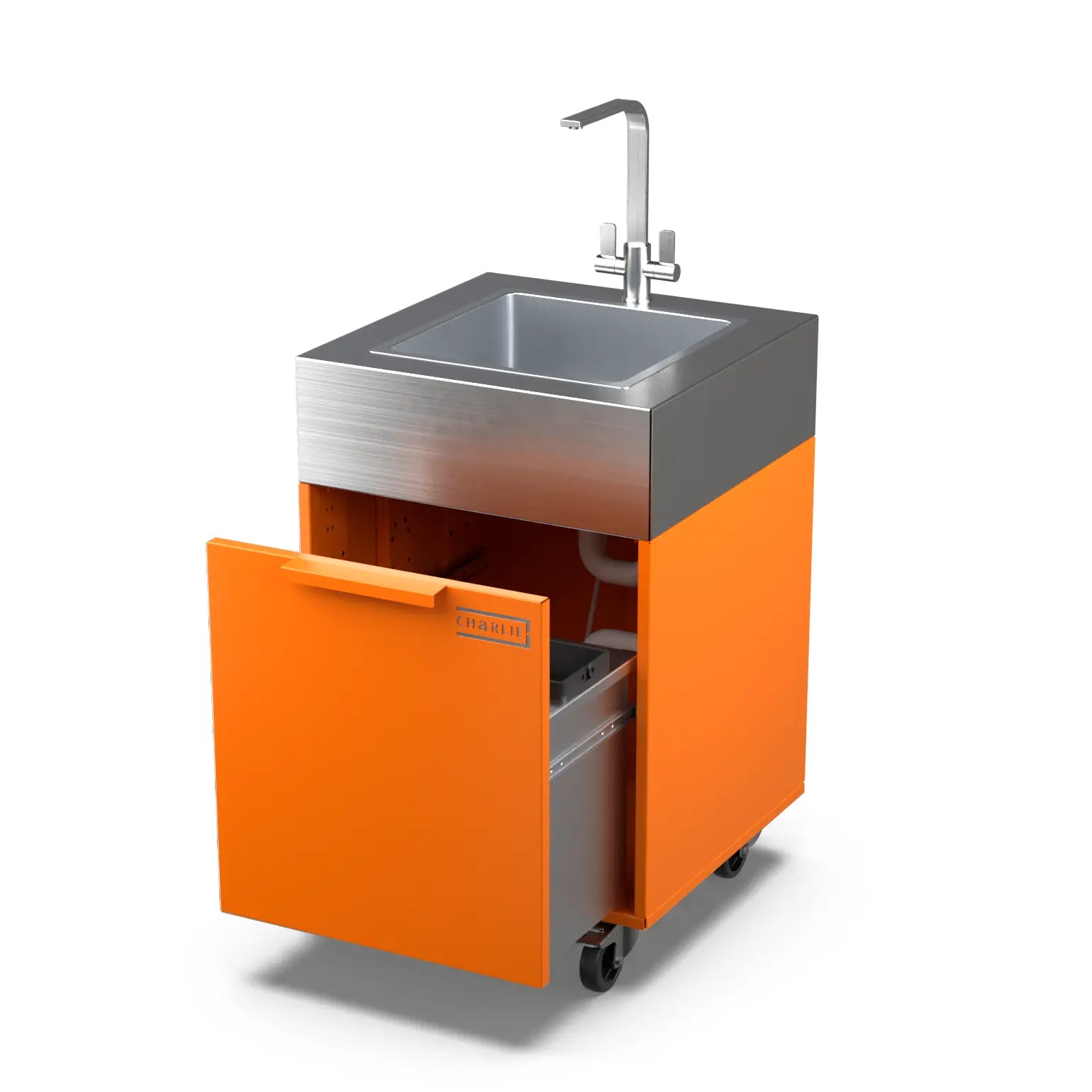 Saffron yellow plumbed sink cabinet with bin, doors open