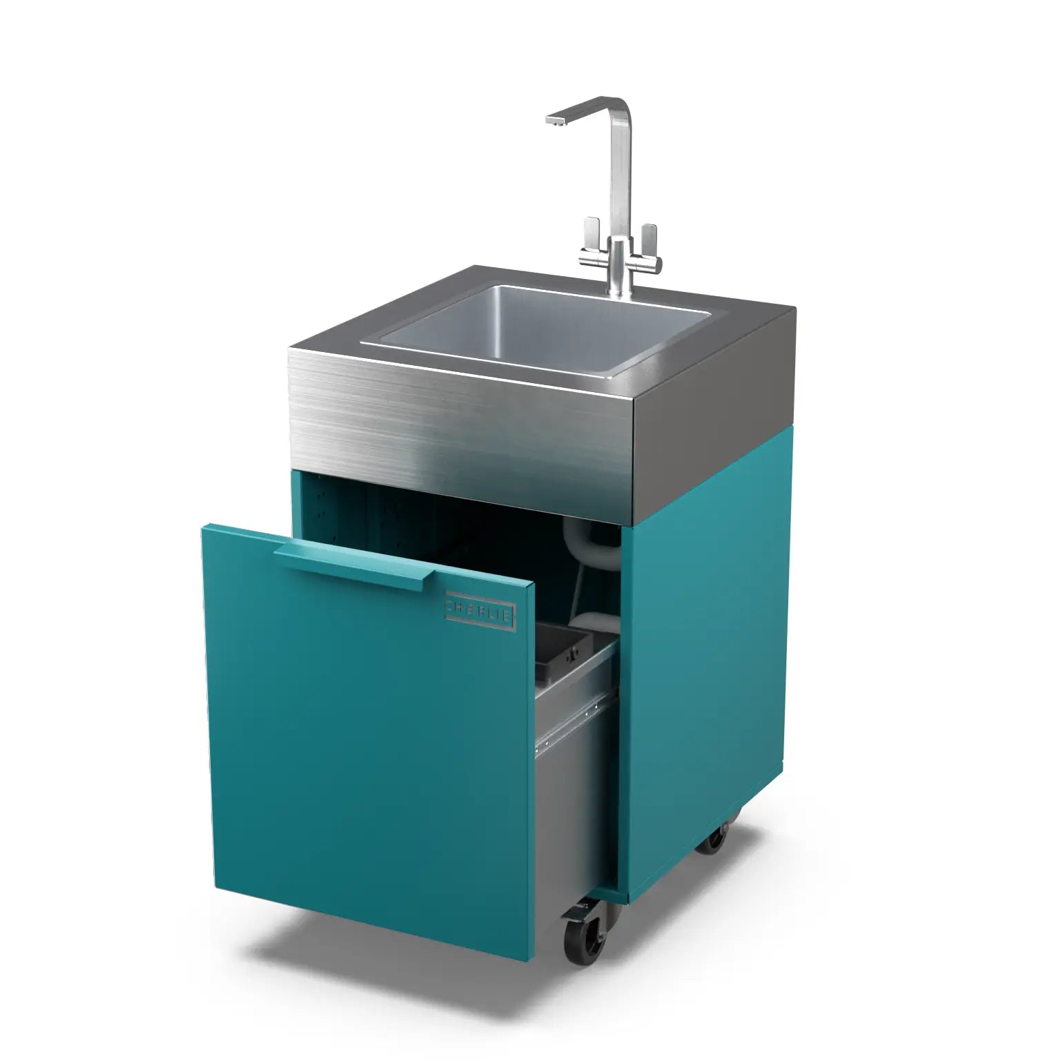 Teal Duck plumbed sink cabinet with bin, doors open